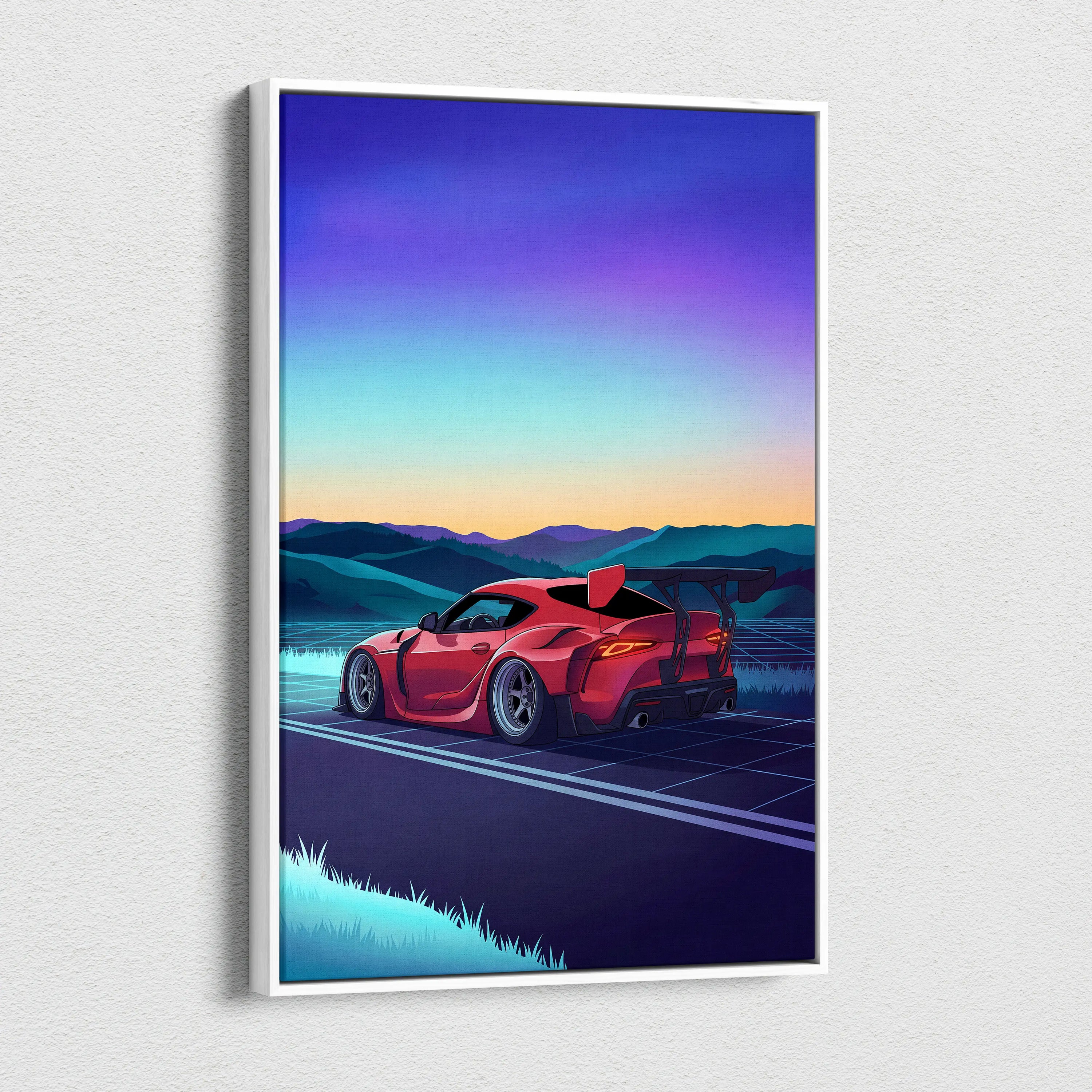 Toyota Supra MK5 Inspired Red Blue Mountain Canvas Wall Art Vaporwave Sports Car Artwork, Neon Grid Road Garage Decor Retro Futuristic Print