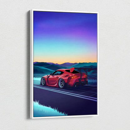 Toyota Supra MK5 Inspired Red Blue Mountain Canvas Wall Art Vaporwave Sports Car Artwork, Neon Grid Road Garage Decor Retro Futuristic Print