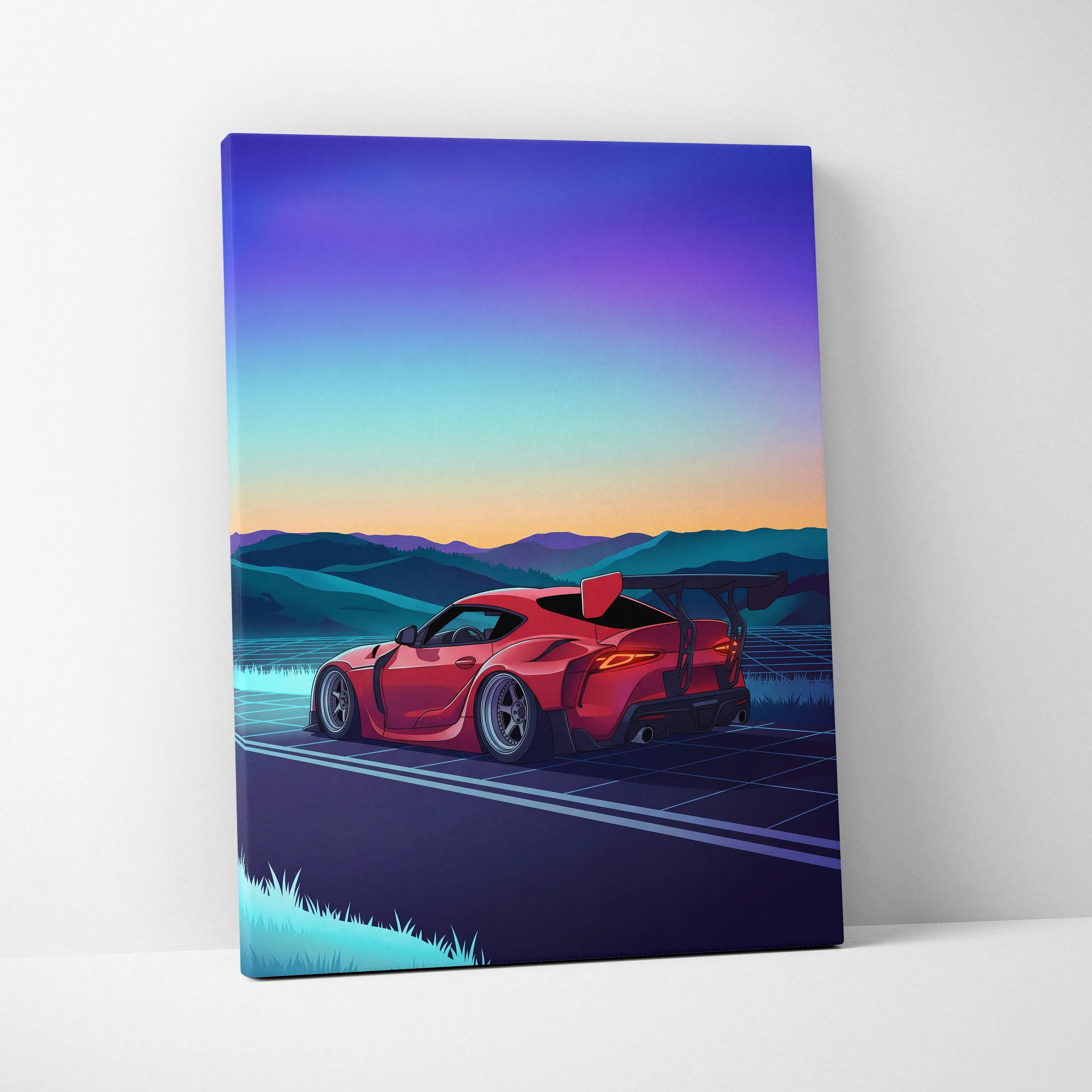 Toyota Supra MK5 Inspired Red Blue Mountain Canvas Wall Art Vaporwave Sports Car Artwork, Neon Grid Road Garage Decor Retro Futuristic Print