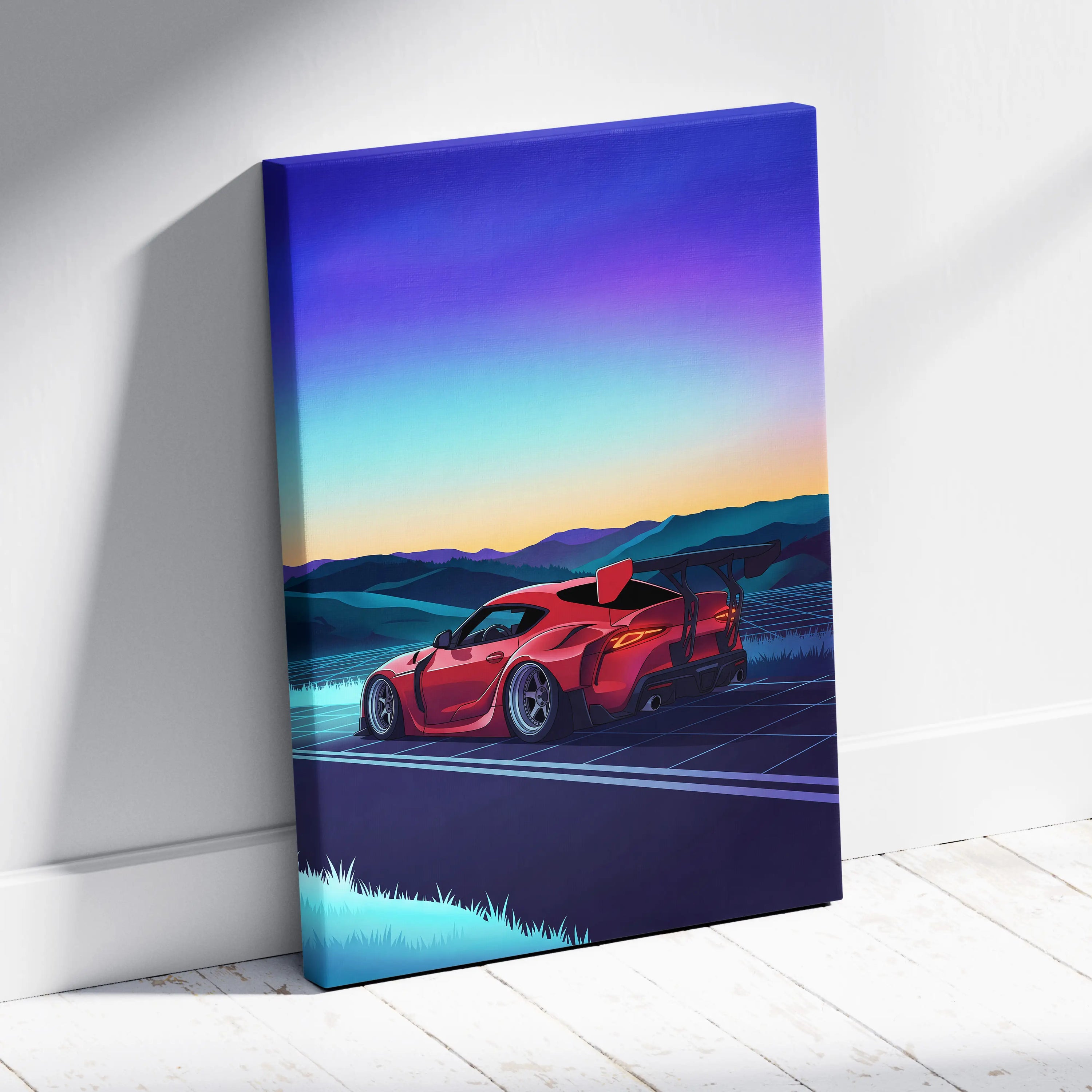 Toyota Supra MK5 Inspired Red Blue Mountain Canvas Wall Art Vaporwave Sports Car Artwork, Neon Grid Road Garage Decor Retro Futuristic Print