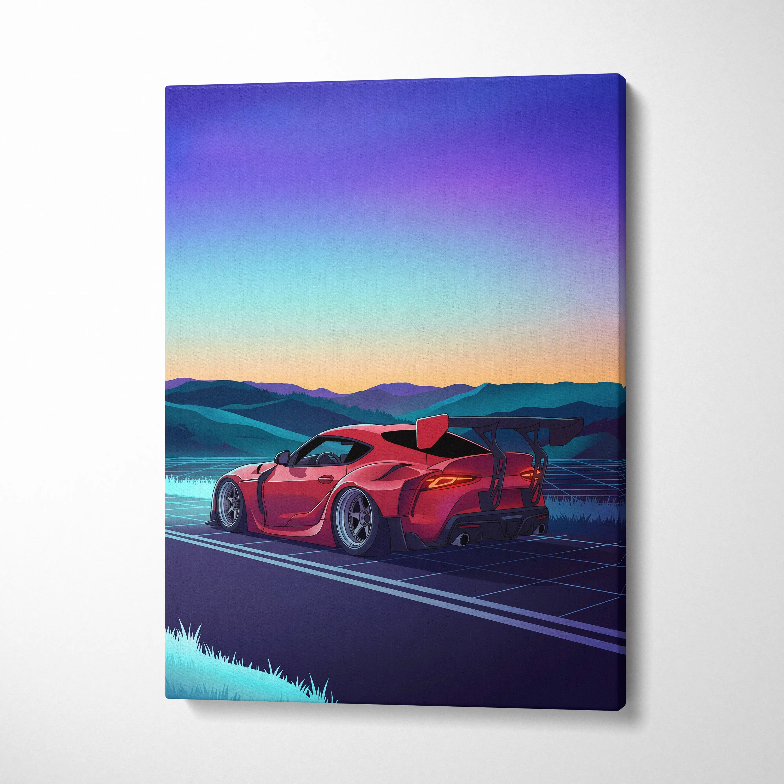 Toyota Supra MK5 Inspired Red Blue Mountain Canvas Wall Art Vaporwave Sports Car Artwork, Neon Grid Road Garage Decor Retro Futuristic Print