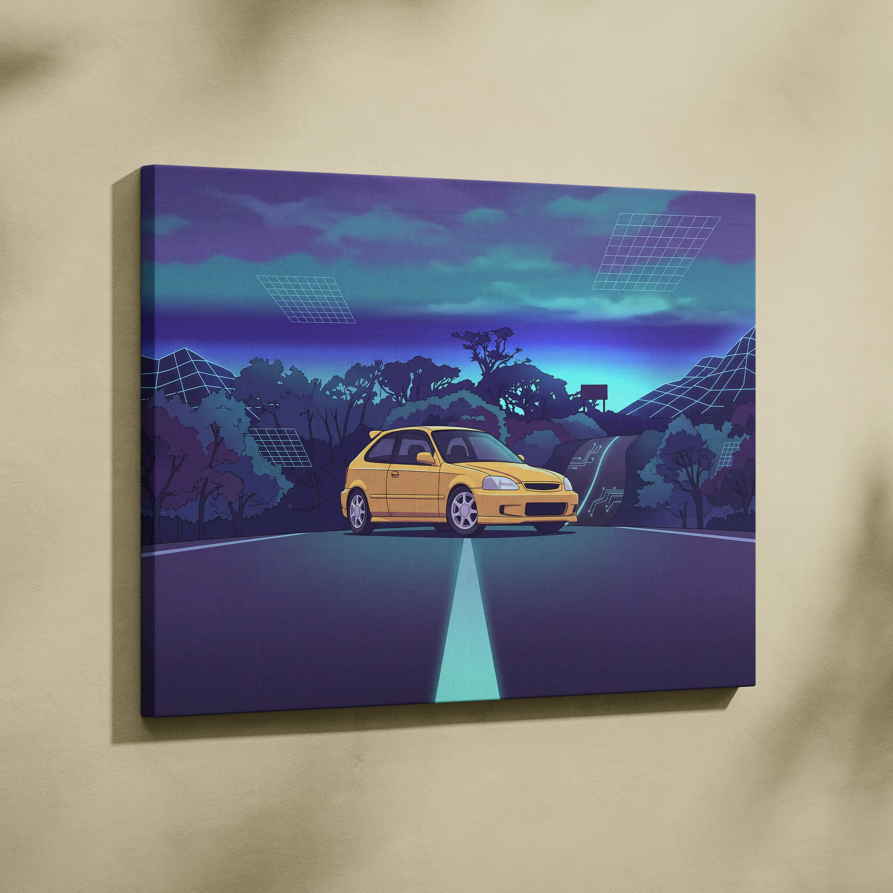 Honda Civic EK Hatchback Inspired Yellow Purple Canvas Wall Art Vaporwave Mountain Road JDM Car Artwork, Retro Neon Tuner Garage Decor