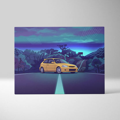 Honda Civic EK Hatchback Inspired Yellow Purple Canvas Wall Art Vaporwave Mountain Road JDM Car Artwork, Retro Neon Tuner Garage Decor