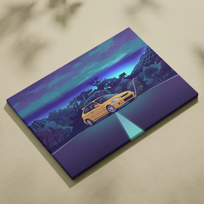 Honda Civic EK Hatchback Inspired Yellow Purple Canvas Wall Art Vaporwave Mountain Road JDM Car Artwork, Retro Neon Tuner Garage Decor