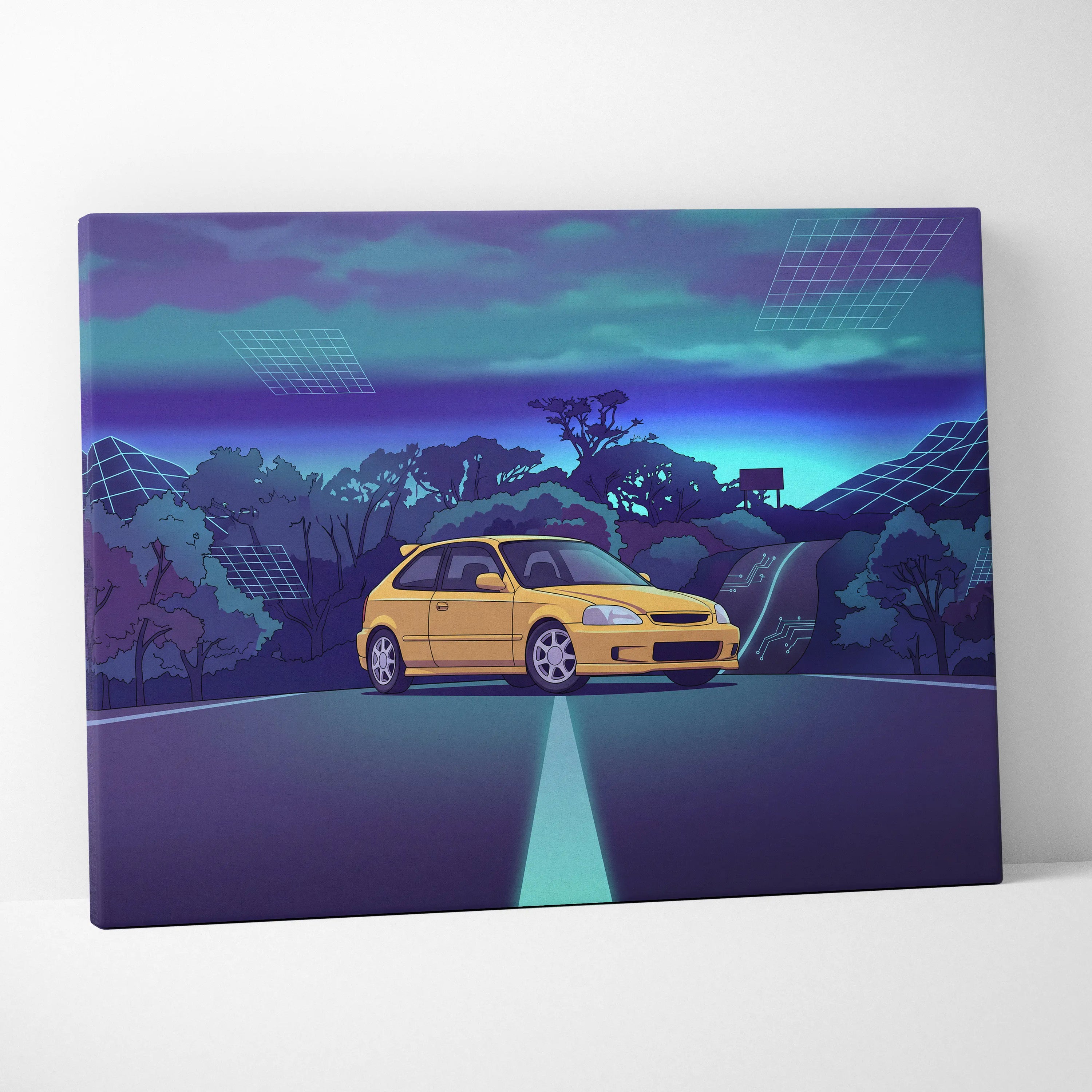Honda Civic EK Hatchback Inspired Yellow Purple Canvas Wall Art Vaporwave Mountain Road JDM Car Artwork, Retro Neon Tuner Garage Decor