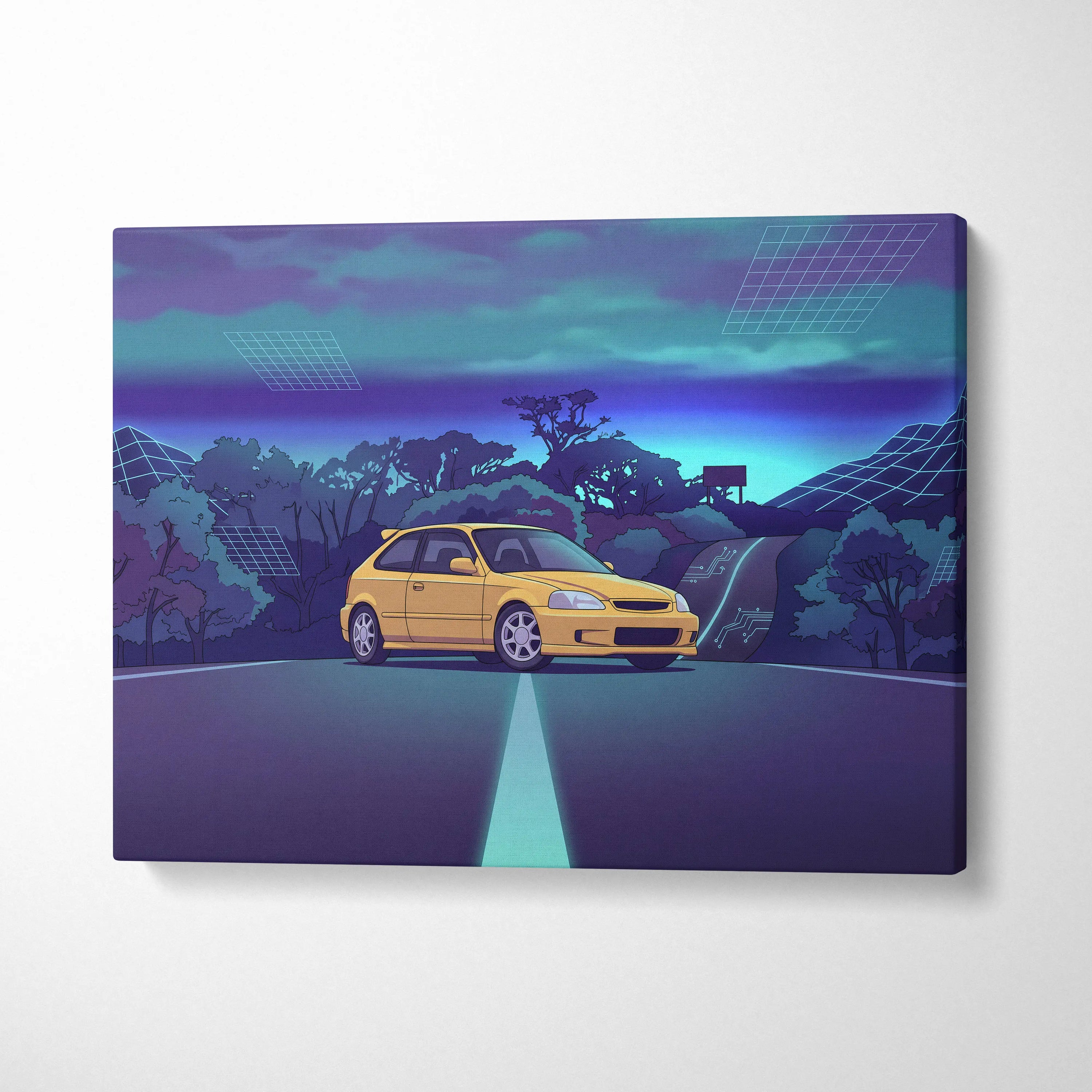 Honda Civic EK Hatchback Inspired Yellow Purple Canvas Wall Art Vaporwave Mountain Road JDM Car Artwork, Retro Neon Tuner Garage Decor
