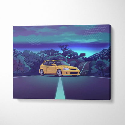 Honda Civic EK Hatchback Inspired Yellow Purple Canvas Wall Art Vaporwave Mountain Road JDM Car Artwork, Retro Neon Tuner Garage Decor