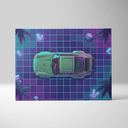 Porsche 911 Turbo Classic Inspired Green Purple Canvas Wall Art, Vaporwave Sports Car Artwork, Neon Grid Garage Decor, Retro Futuristic Auto Print