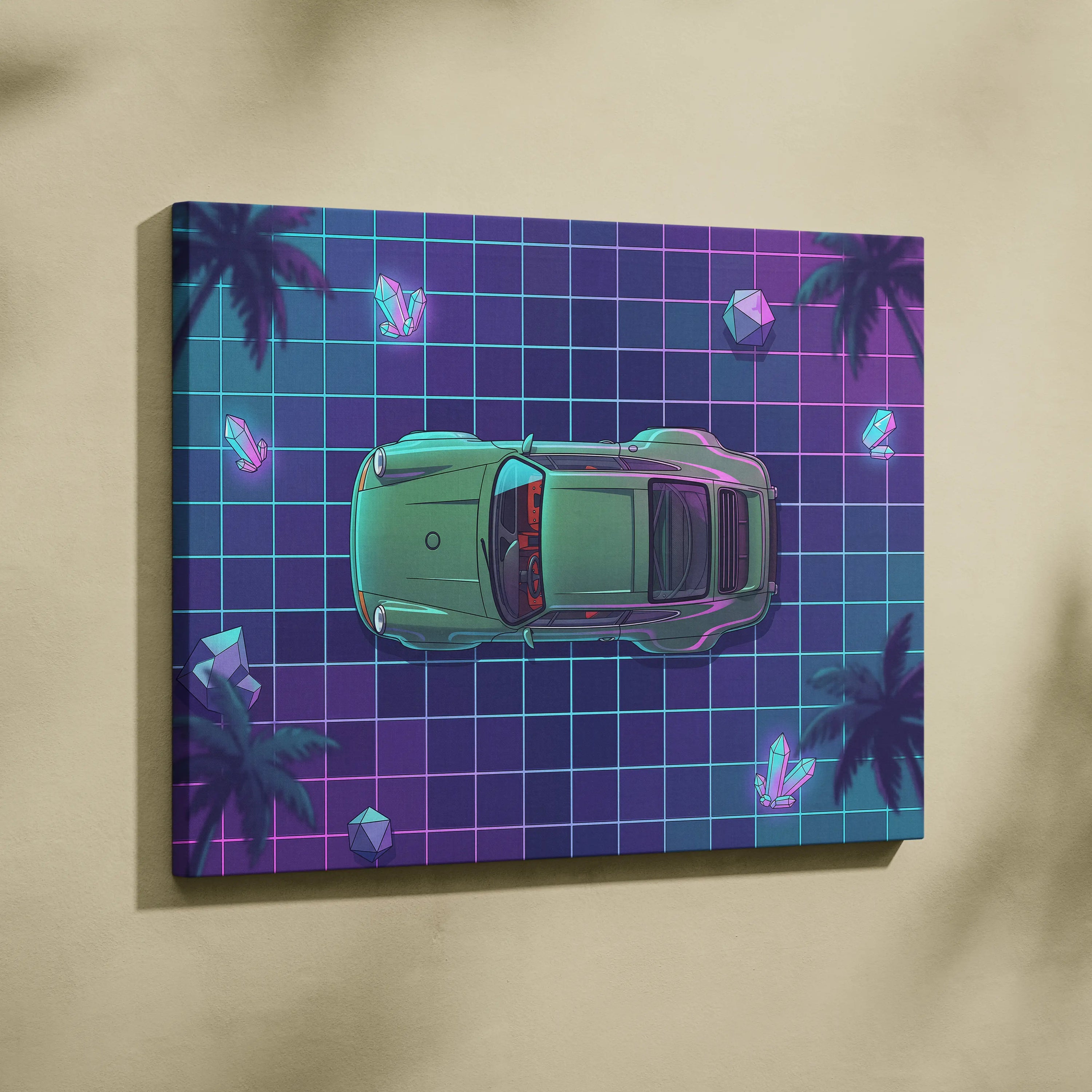 Porsche 911 Turbo Classic Inspired Green Purple Canvas Wall Art, Vaporwave Sports Car Artwork, Neon Grid Garage Decor, Retro Futuristic Auto Print