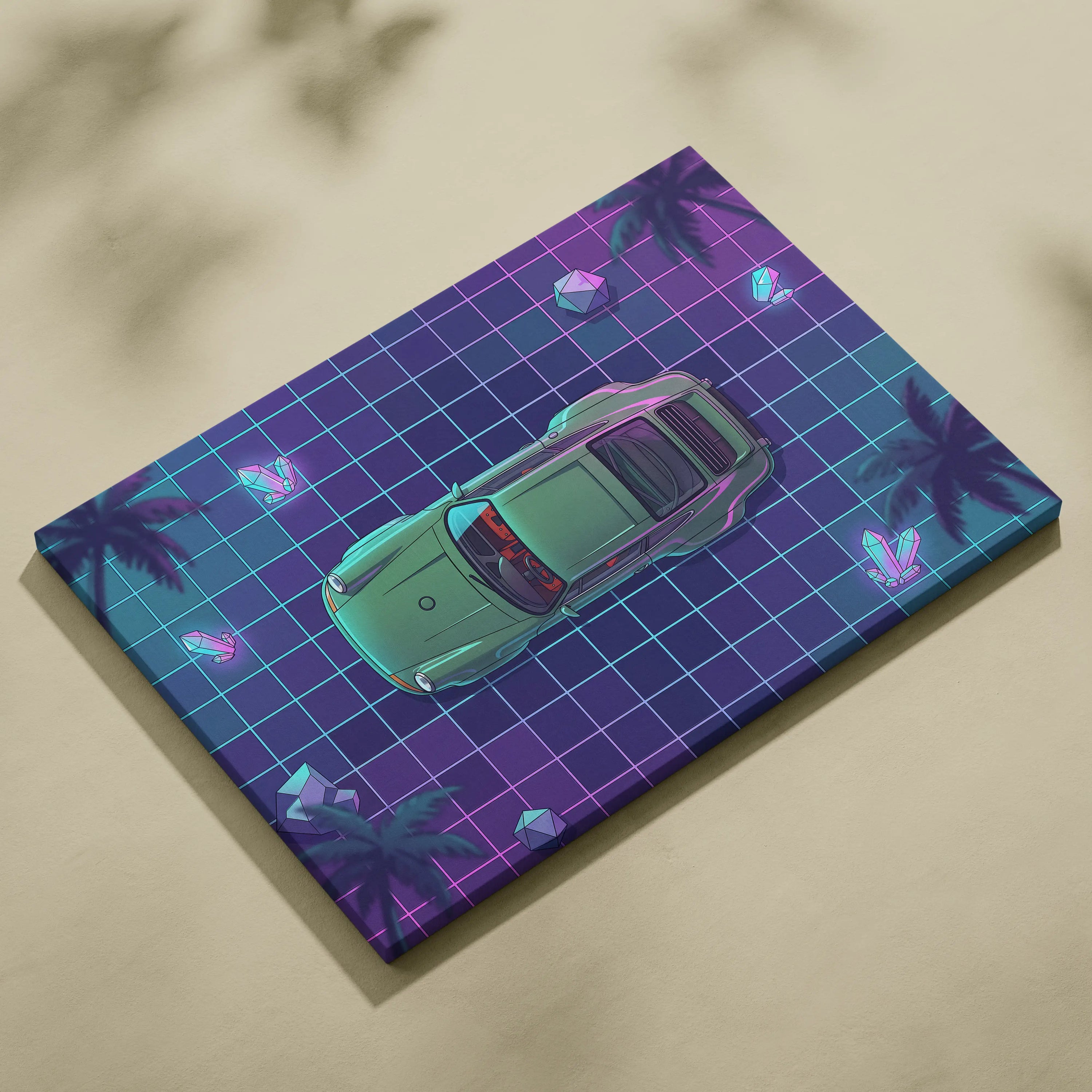 Porsche 911 Turbo Classic Inspired Green Purple Canvas Wall Art, Vaporwave Sports Car Artwork, Neon Grid Garage Decor, Retro Futuristic Auto Print