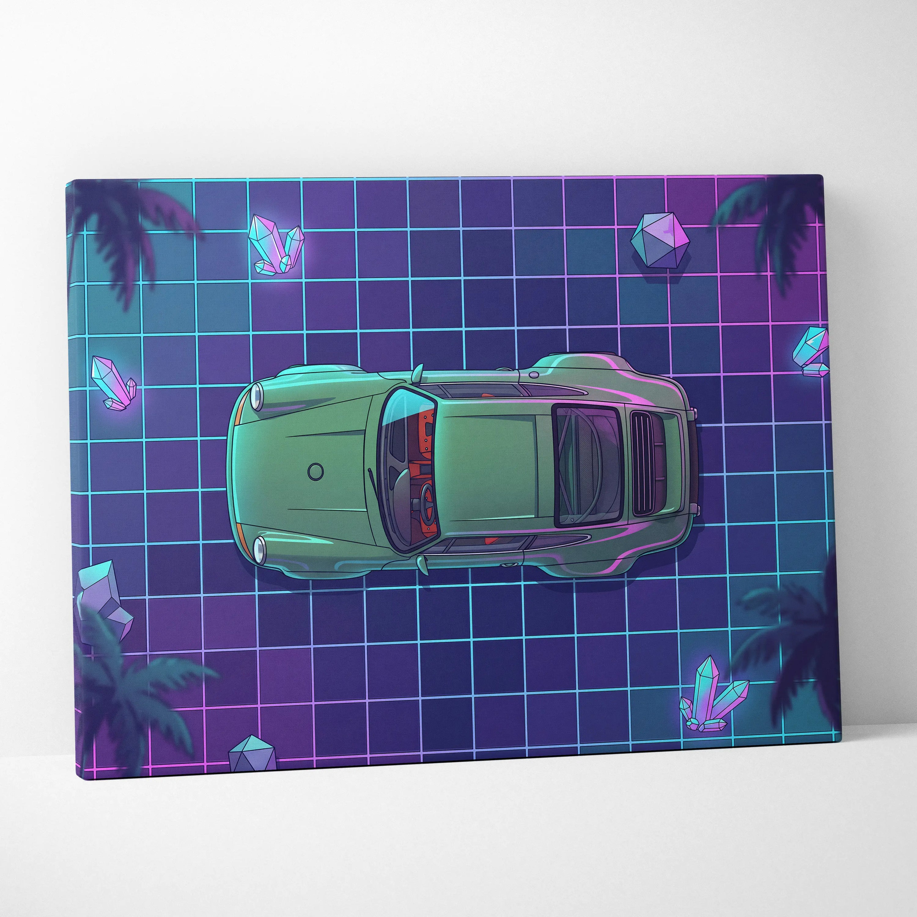 Porsche 911 Turbo Classic Inspired Green Purple Canvas Wall Art, Vaporwave Sports Car Artwork, Neon Grid Garage Decor, Retro Futuristic Auto Print