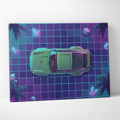 Porsche 911 Turbo Classic Inspired Green Purple Canvas Wall Art, Vaporwave Sports Car Artwork, Neon Grid Garage Decor, Retro Futuristic Auto Print