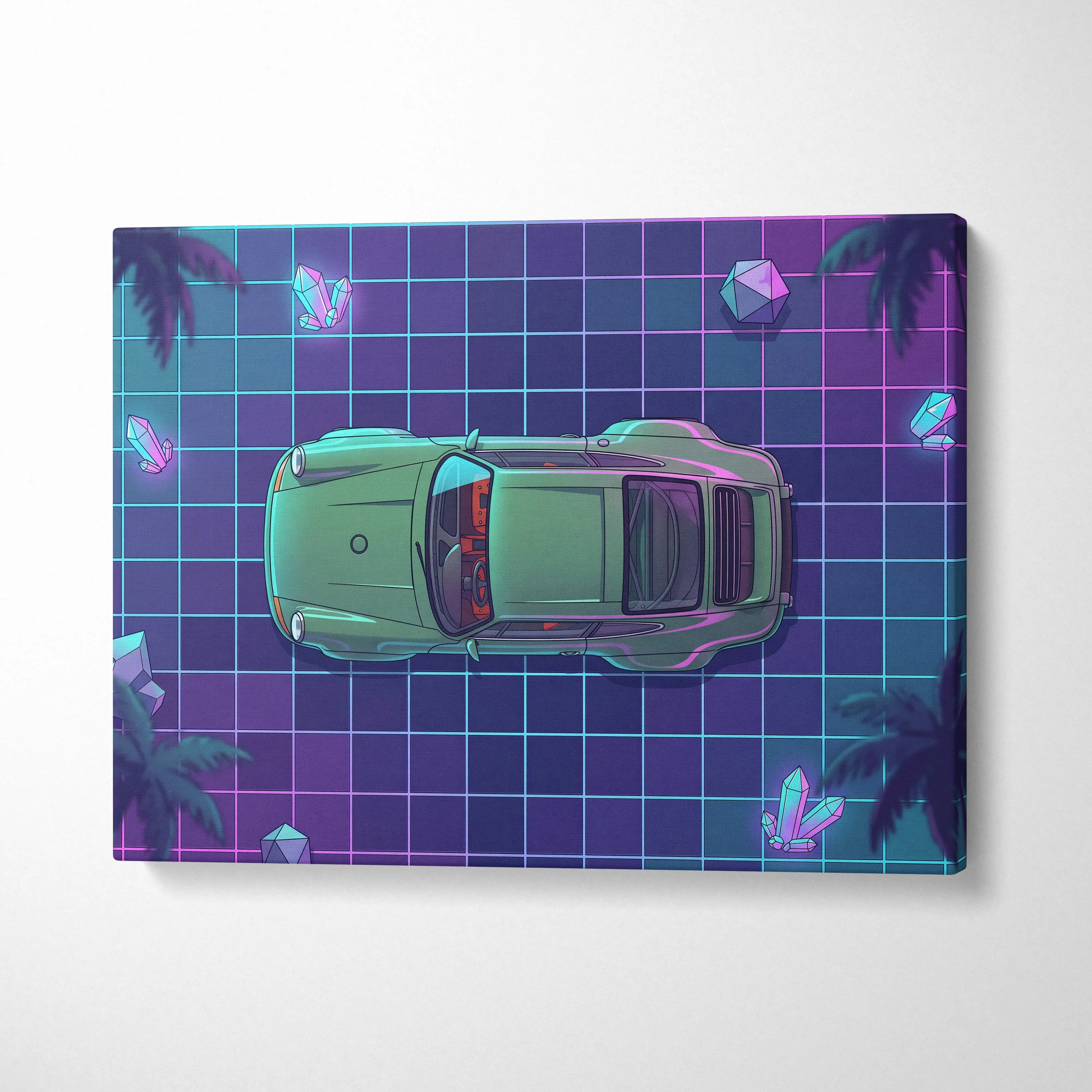 Porsche 911 Turbo Classic Inspired Green Purple Canvas Wall Art, Vaporwave Sports Car Artwork, Neon Grid Garage Decor, Retro Futuristic Auto Print