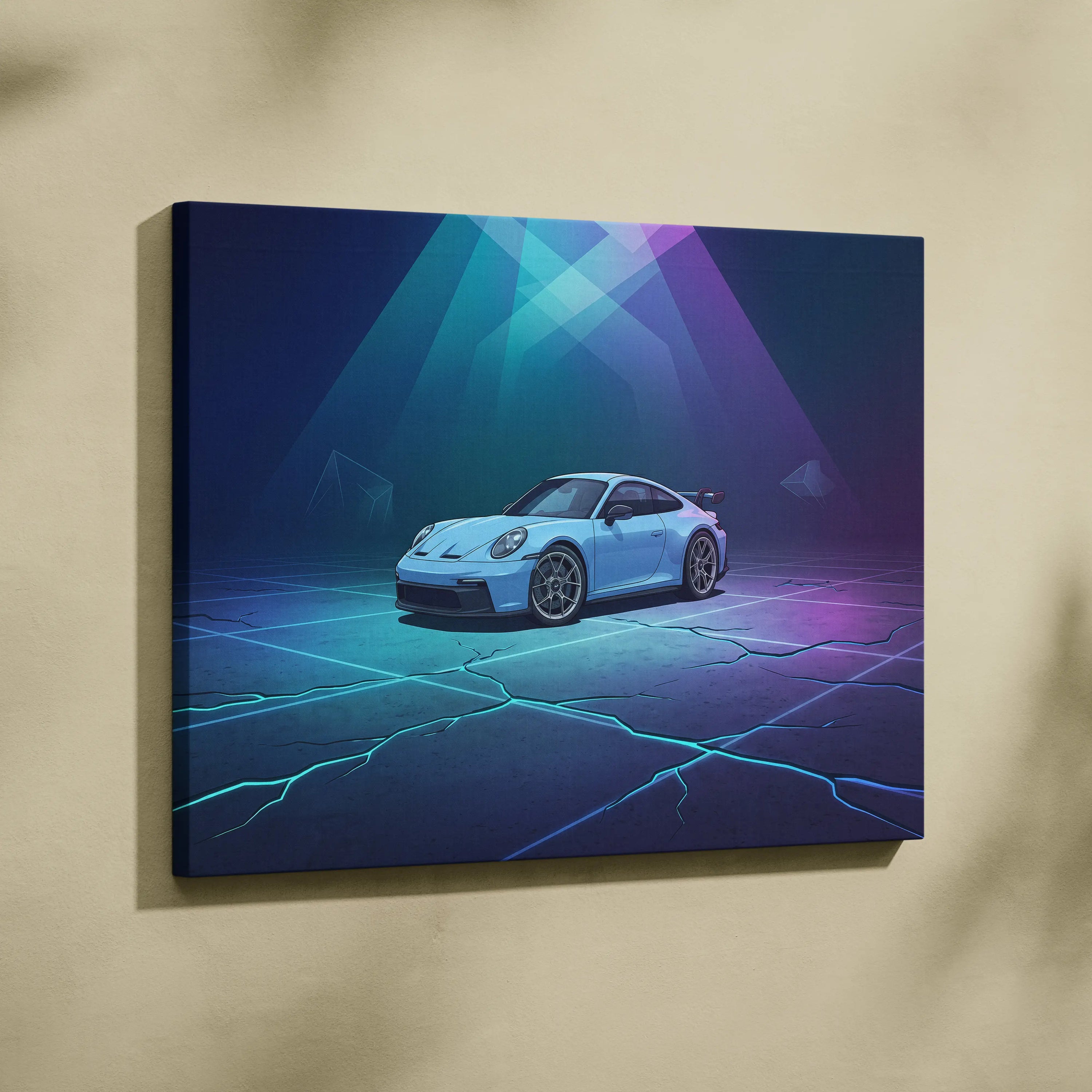 Porsche 911 GT3 Inspired Blue Purple Canvas Wall Art, Vaporwave Neon Garage Decor, Moody Futuristic Sports Car Artwork