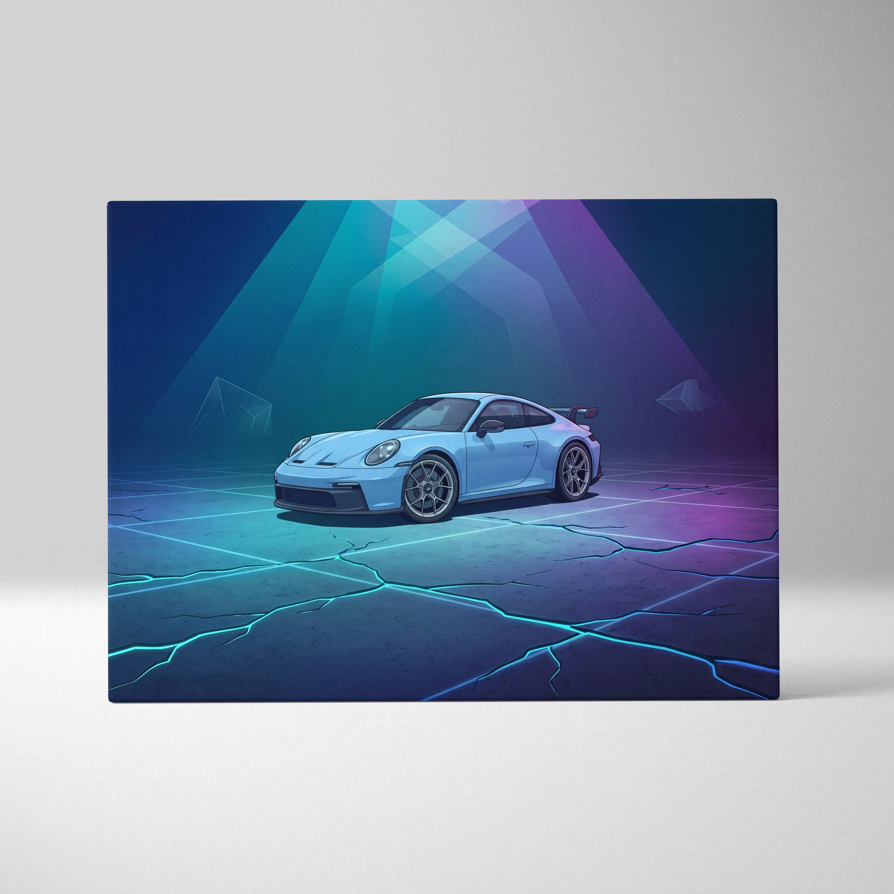 Porsche 911 GT3 Inspired Blue Purple Canvas Wall Art, Vaporwave Neon Garage Decor, Moody Futuristic Sports Car Artwork