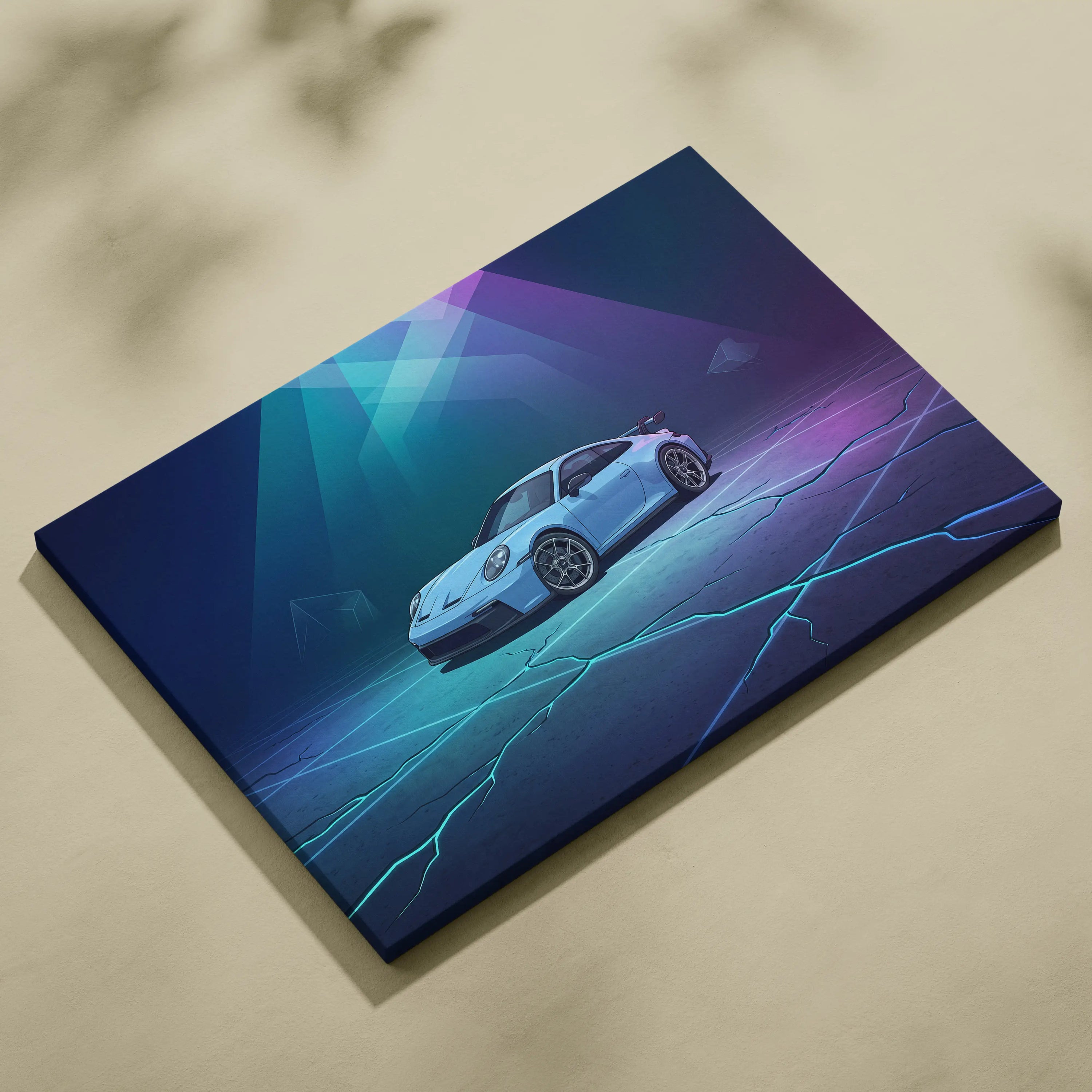 Porsche 911 GT3 Inspired Blue Purple Canvas Wall Art, Vaporwave Neon Garage Decor, Moody Futuristic Sports Car Artwork