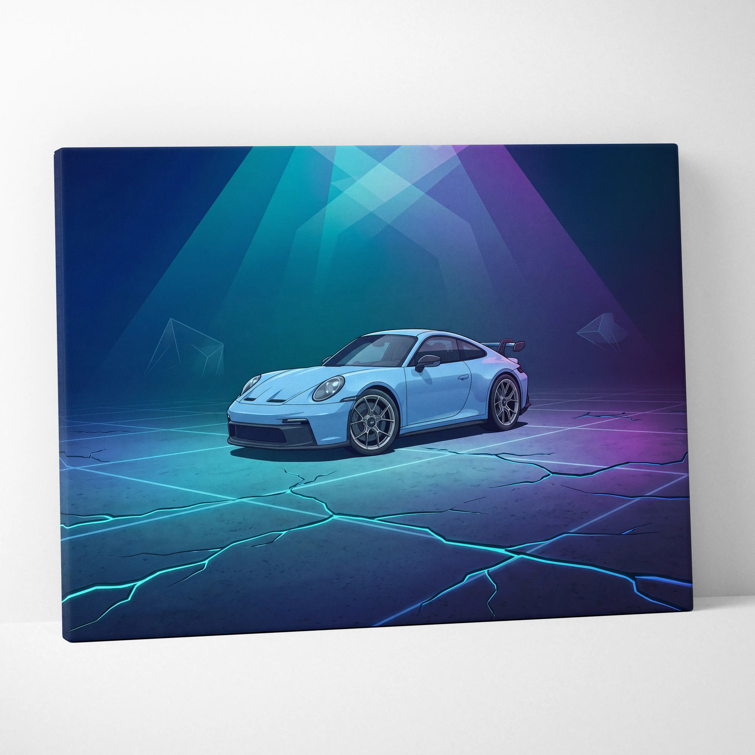 Porsche 911 GT3 Inspired Blue Purple Canvas Wall Art, Vaporwave Neon Garage Decor, Moody Futuristic Sports Car Artwork