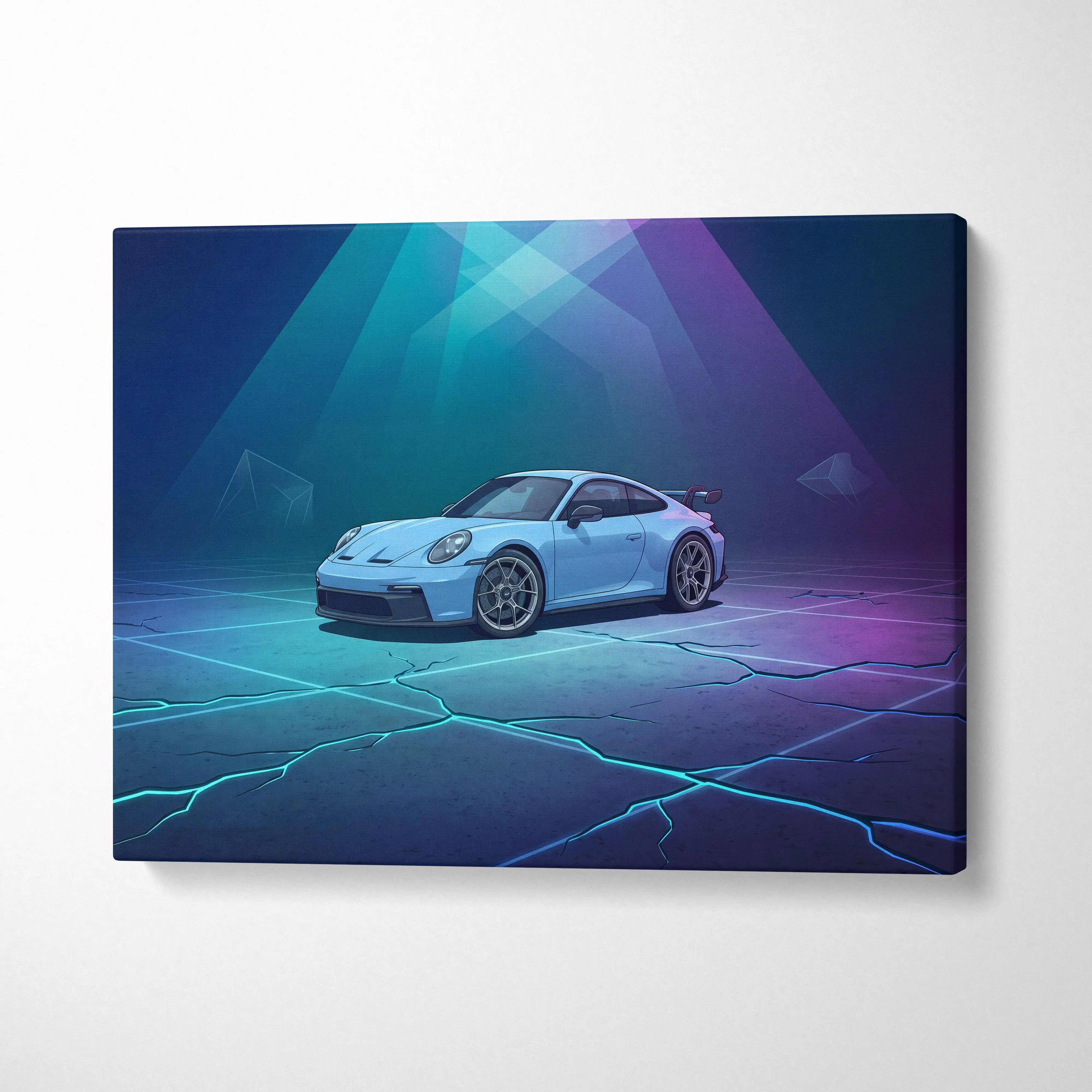 Porsche 911 GT3 Inspired Blue Purple Canvas Wall Art, Vaporwave Neon Garage Decor, Moody Futuristic Sports Car Artwork