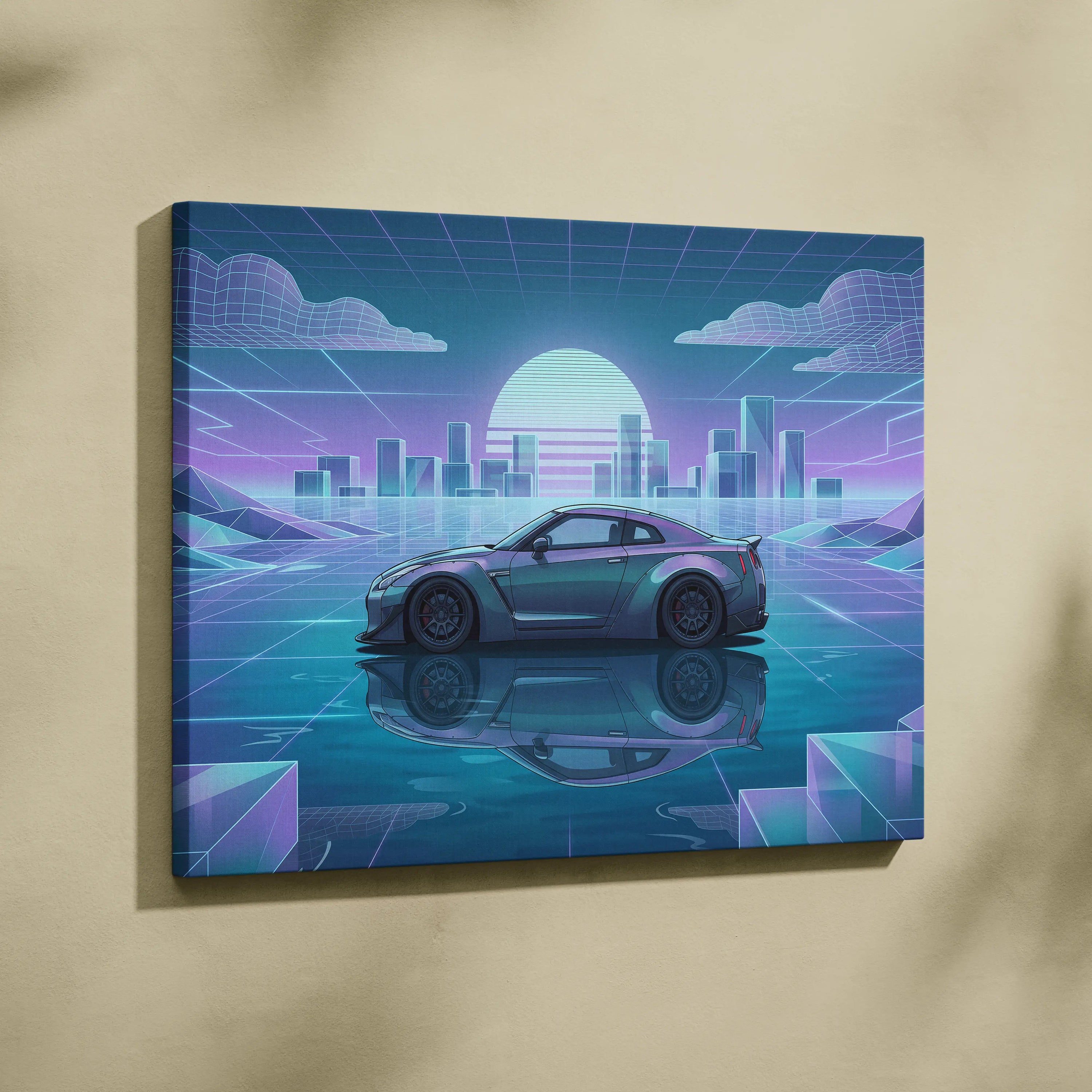 Nissan GT-R R35 Inspired Silver Teal Canvas Wall Art, Pastel Vaporwave JDM Supercar Artwork for Futuristic Garage Decor