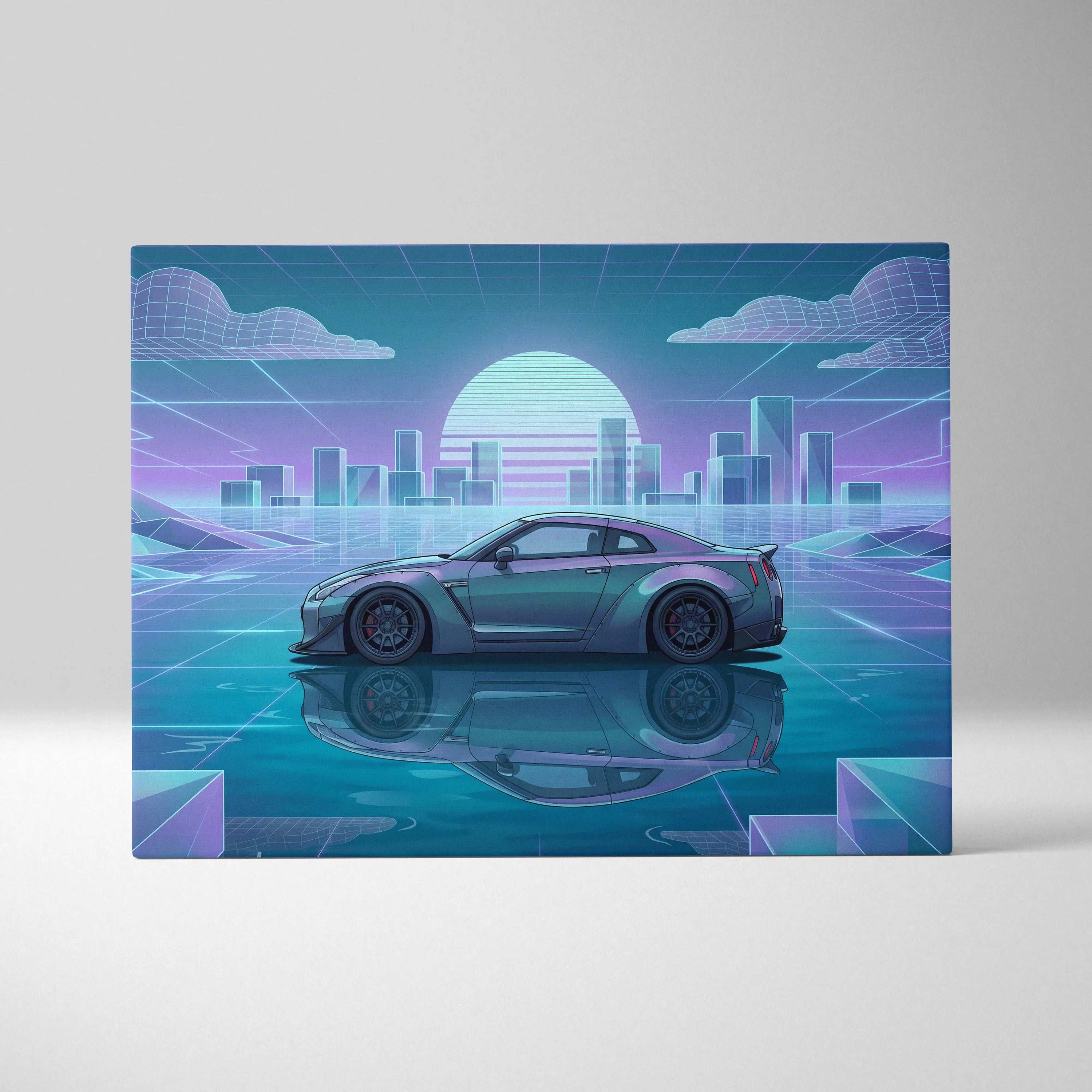 Nissan GT-R R35 Inspired Silver Teal Canvas Wall Art, Pastel Vaporwave JDM Supercar Artwork for Futuristic Garage Decor