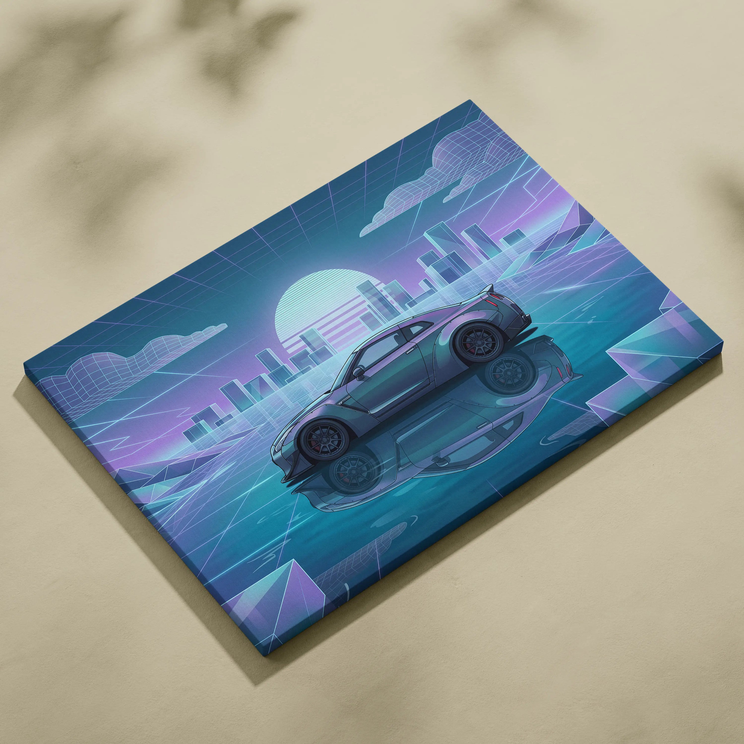 Nissan GT-R R35 Inspired Silver Teal Canvas Wall Art, Pastel Vaporwave JDM Supercar Artwork for Futuristic Garage Decor