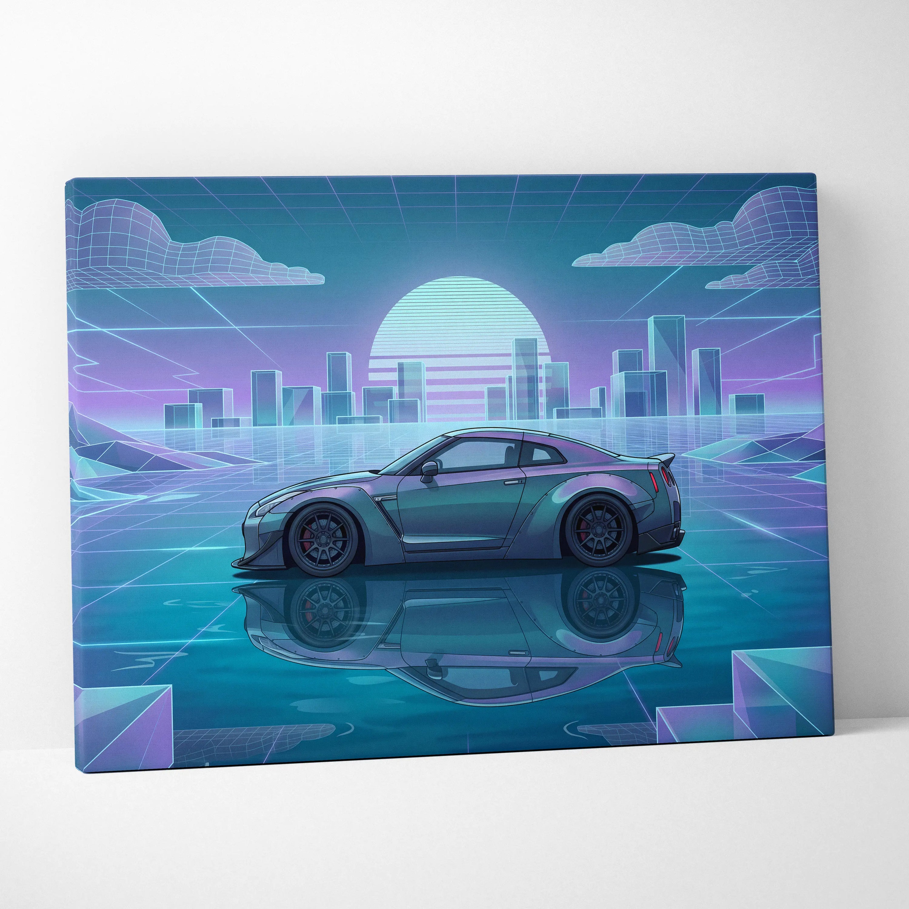 Nissan GT-R R35 Inspired Silver Teal Canvas Wall Art, Pastel Vaporwave JDM Supercar Artwork for Futuristic Garage Decor