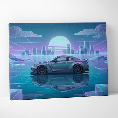 Nissan GT-R R35 Inspired Silver Teal Canvas Wall Art, Pastel Vaporwave JDM Supercar Artwork for Futuristic Garage Decor