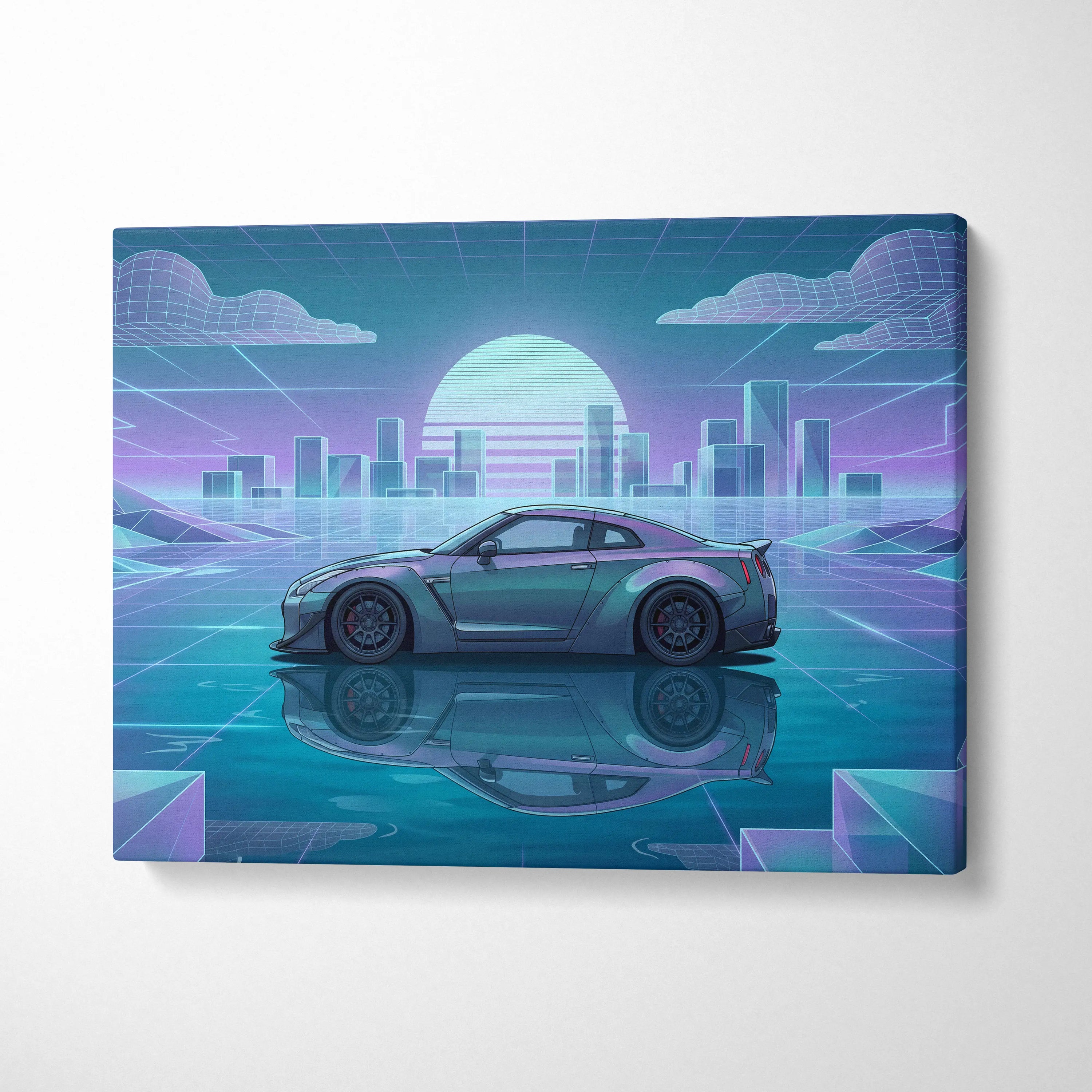 Nissan GT-R R35 Inspired Silver Teal Canvas Wall Art, Pastel Vaporwave JDM Supercar Artwork for Futuristic Garage Decor