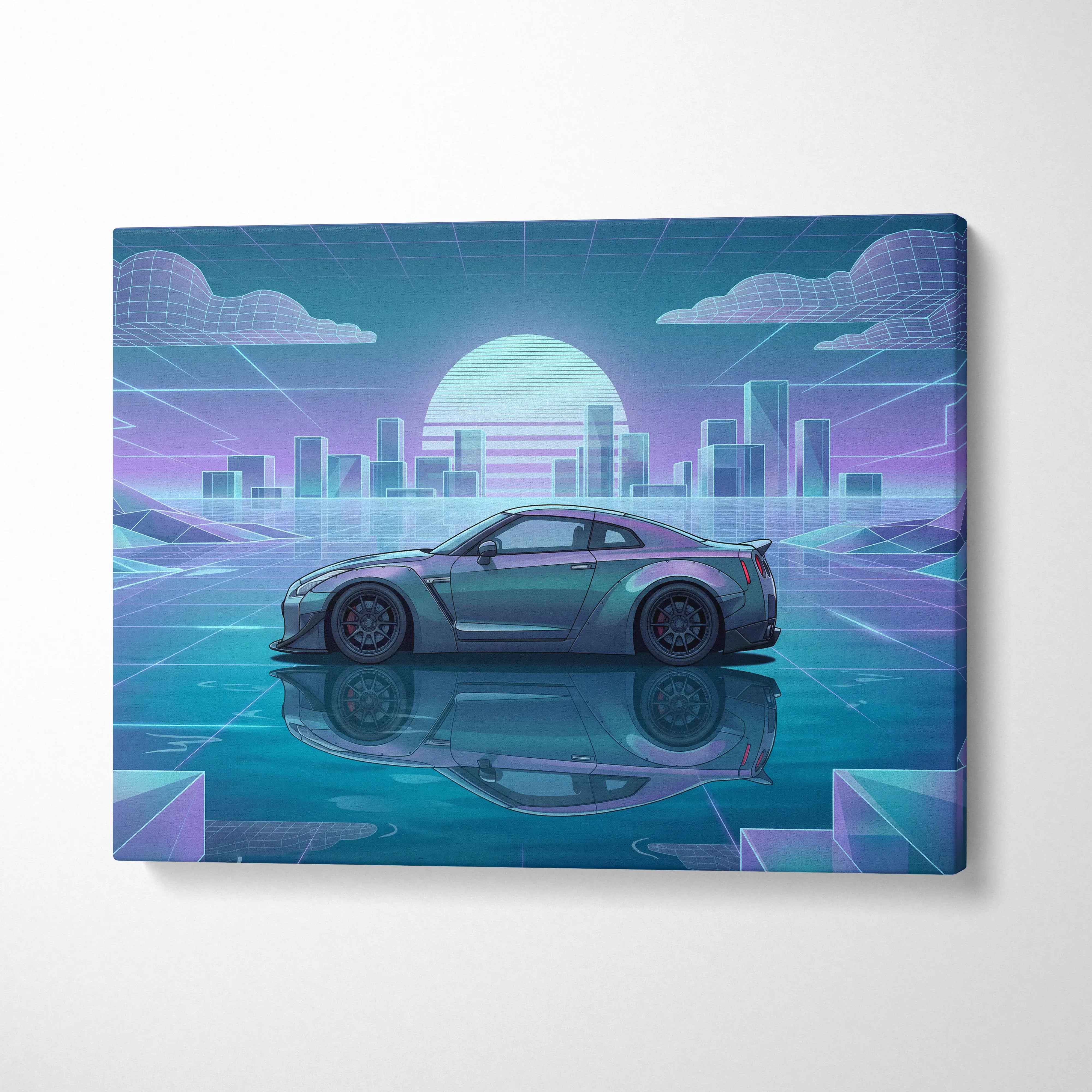 Nissan GT-R R35 Inspired Silver Teal Canvas Wall Art, Pastel Vaporwave JDM Supercar Artwork for Futuristic Garage Decor