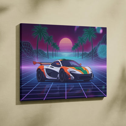 McLaren P1 Inspired Orange White Canvas Wall Art, Neon Vaporwave Supercar Artwork for Garage Decor