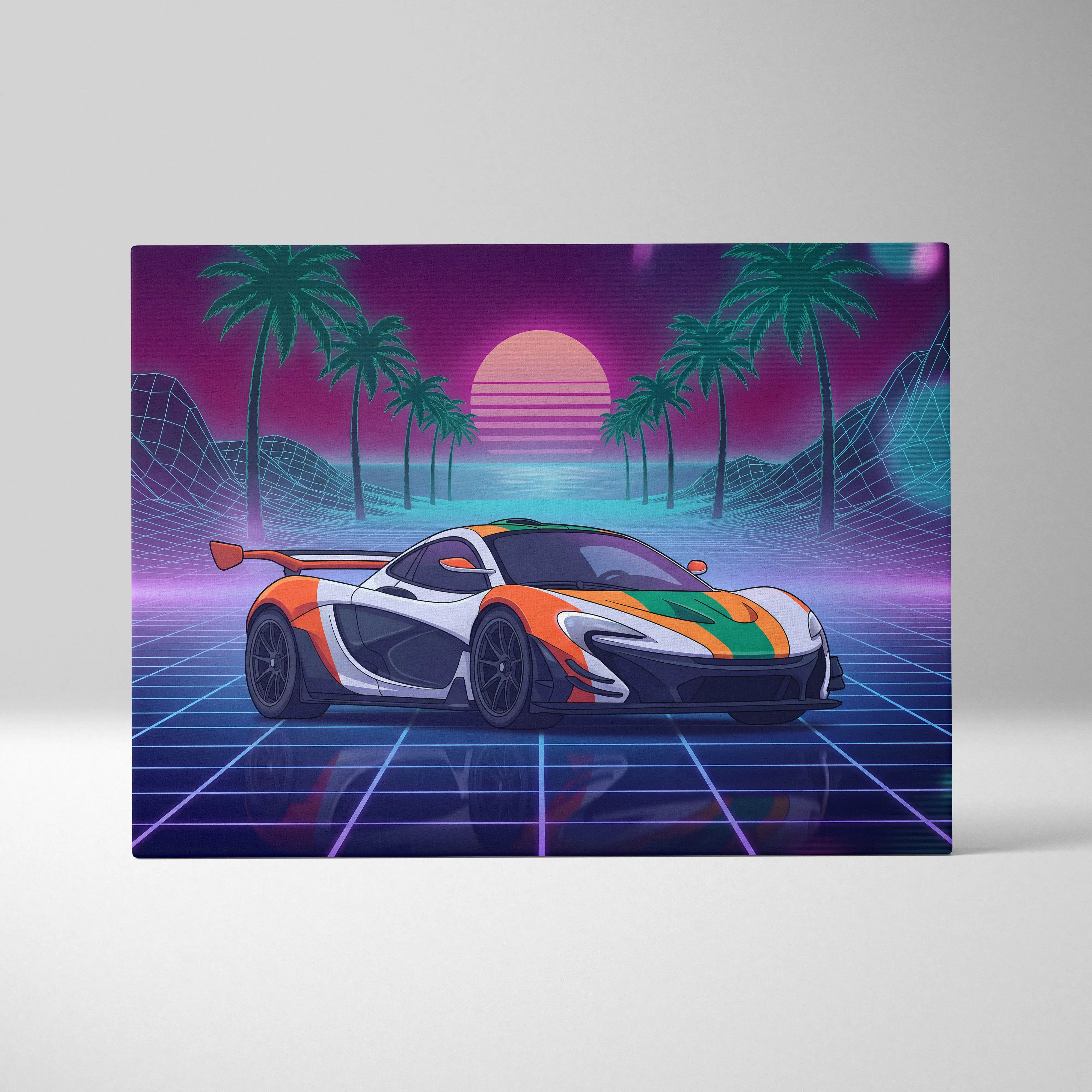McLaren P1 Inspired Orange White Canvas Wall Art, Neon Vaporwave Supercar Artwork for Garage Decor
