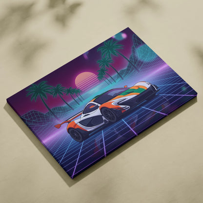 McLaren P1 Inspired Orange White Canvas Wall Art, Neon Vaporwave Supercar Artwork for Garage Decor