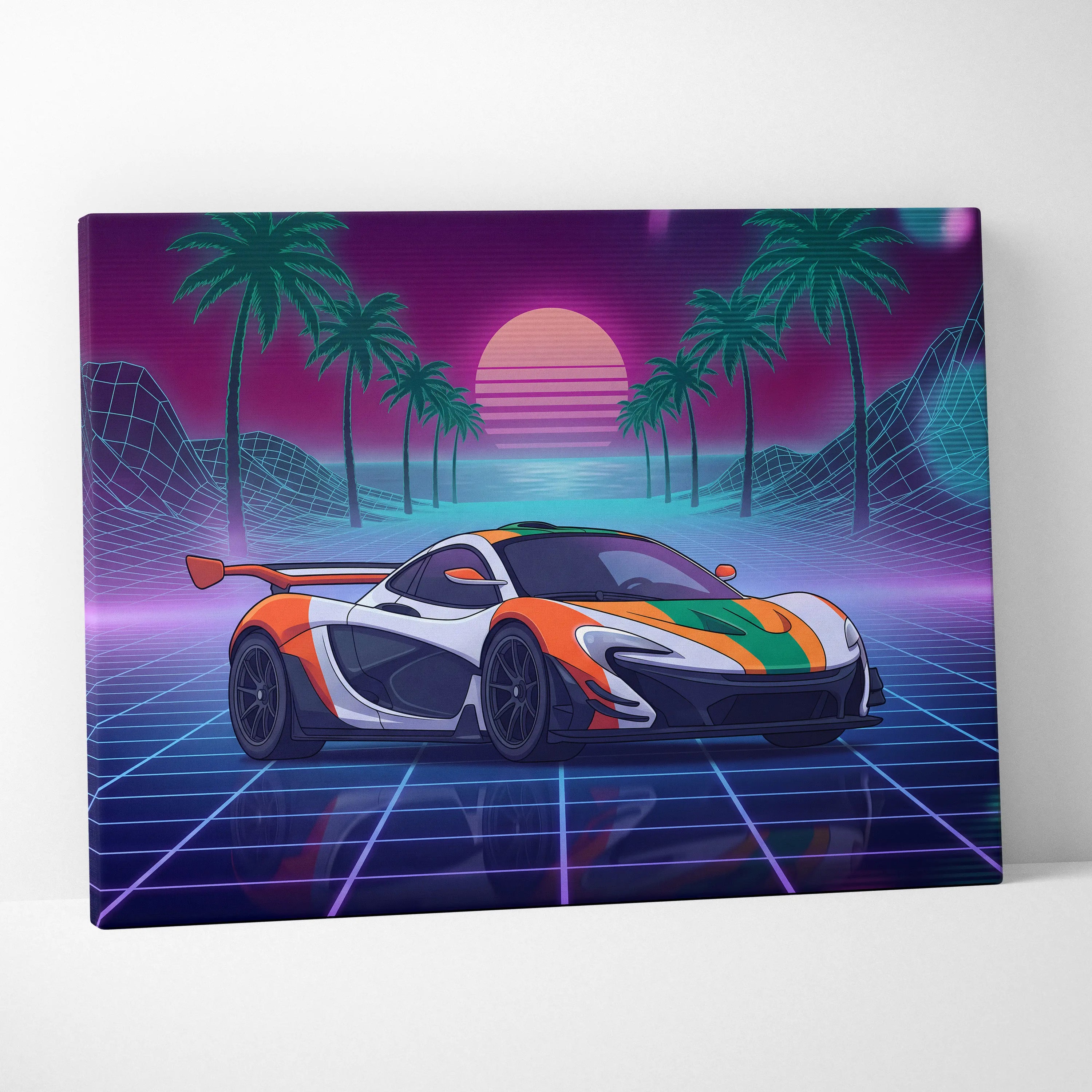 McLaren P1 Inspired Orange White Canvas Wall Art, Neon Vaporwave Supercar Artwork for Garage Decor