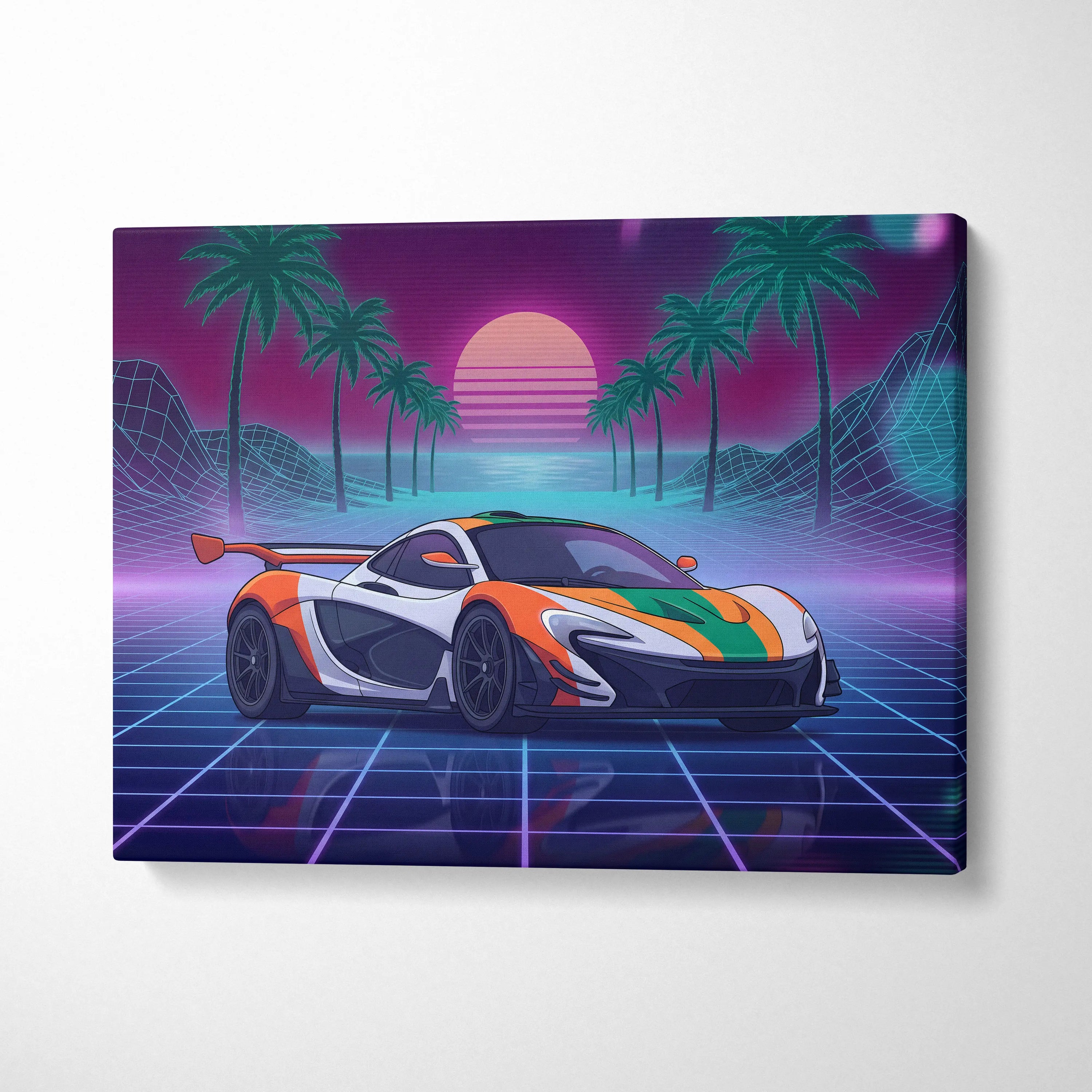 McLaren P1 Inspired Orange White Canvas Wall Art, Neon Vaporwave Supercar Artwork for Garage Decor