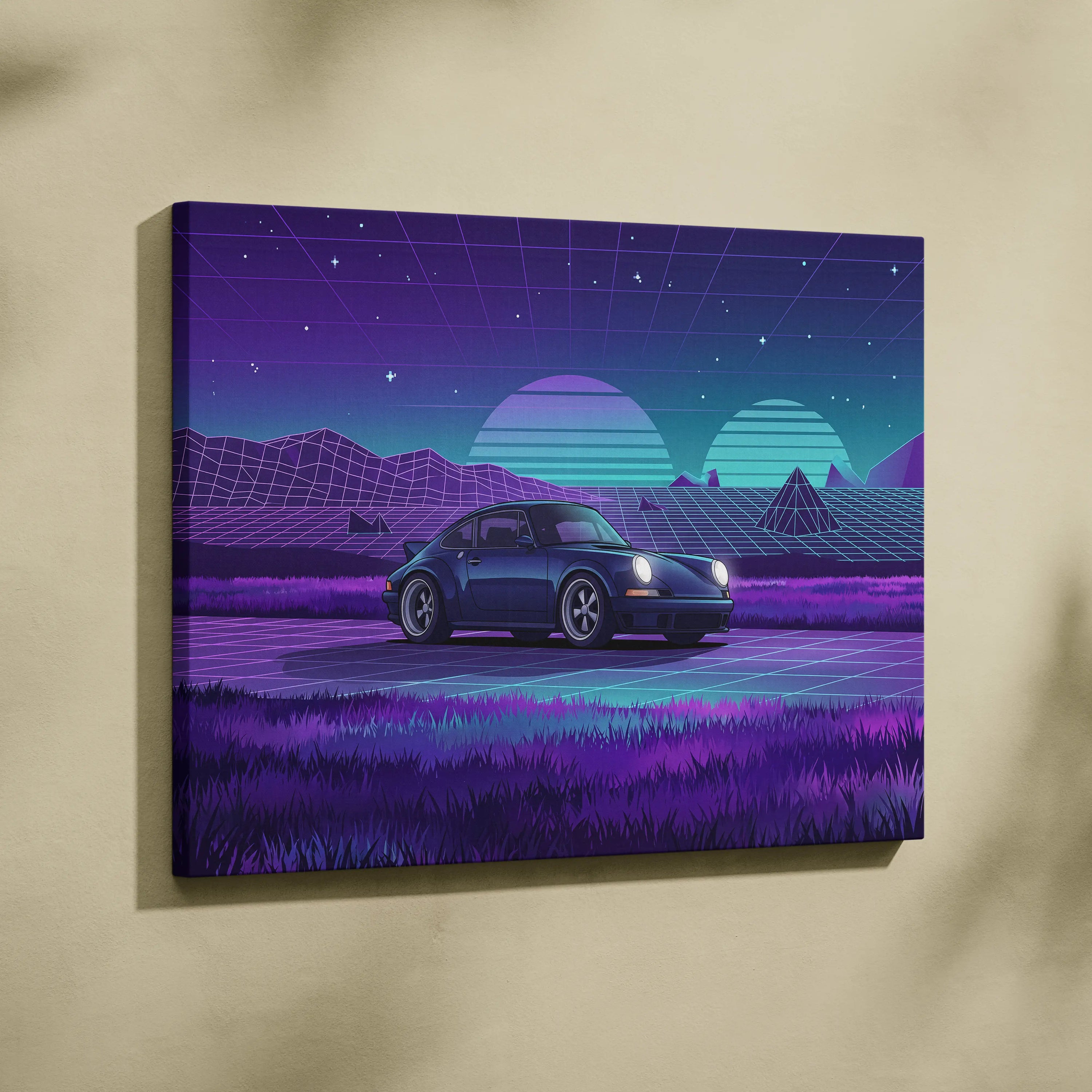 Porsche 911 Classic Inspired Blue Purple Canvas Wall Art Vaporwave Sunset Sports Car Artwork, Retro Neon Landscape Garage Decor