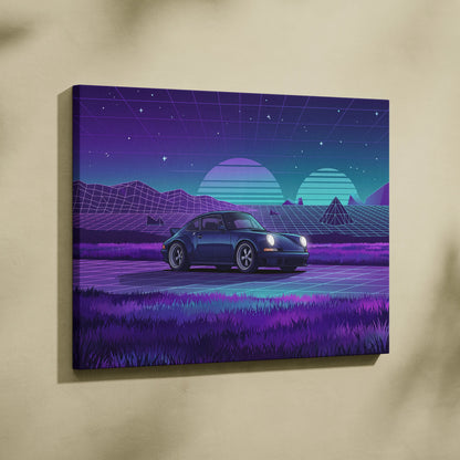 Porsche 911 Classic Inspired Blue Purple Canvas Wall Art Vaporwave Sunset Sports Car Artwork, Retro Neon Landscape Garage Decor