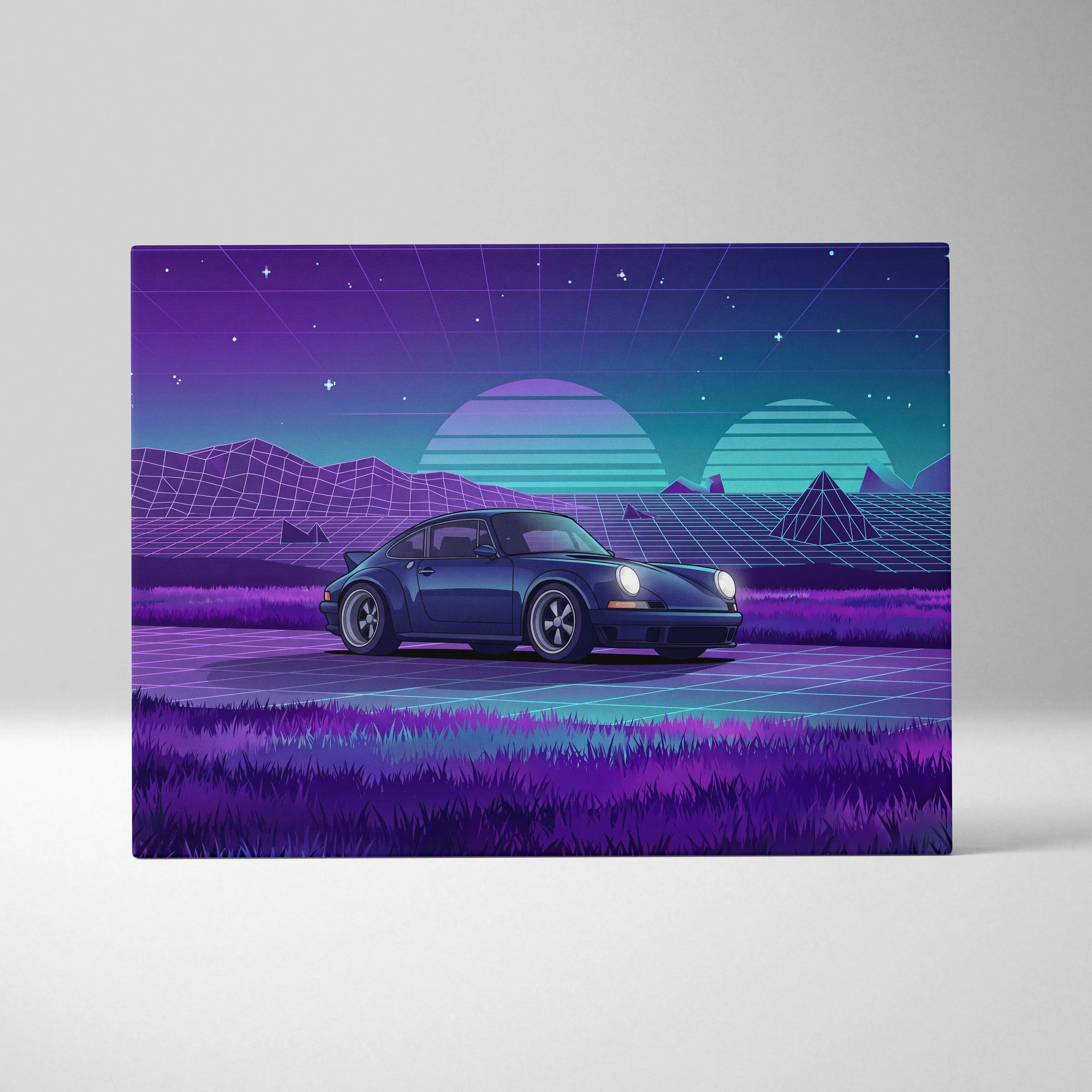 Porsche 911 Classic Inspired Blue Purple Canvas Wall Art Vaporwave Sunset Sports Car Artwork, Retro Neon Landscape Garage Decor