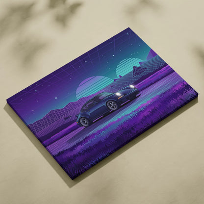 Porsche 911 Classic Inspired Blue Purple Canvas Wall Art Vaporwave Sunset Sports Car Artwork, Retro Neon Landscape Garage Decor