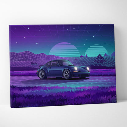 Porsche 911 Classic Inspired Blue Purple Canvas Wall Art Vaporwave Sunset Sports Car Artwork, Retro Neon Landscape Garage Decor