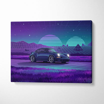 Porsche 911 Classic Inspired Blue Purple Canvas Wall Art Vaporwave Sunset Sports Car Artwork, Retro Neon Landscape Garage Decor