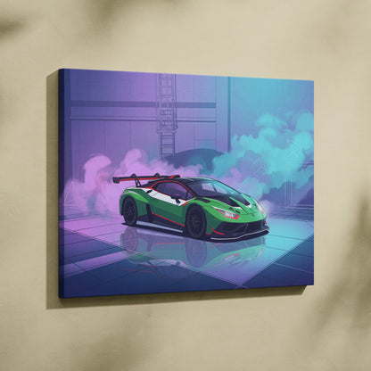 Lamborghini Huracan GT3 Inspired Green Purple Canvas Wall Art, Neon Vaporwave Supercar Artwork for Modern Garage Decor