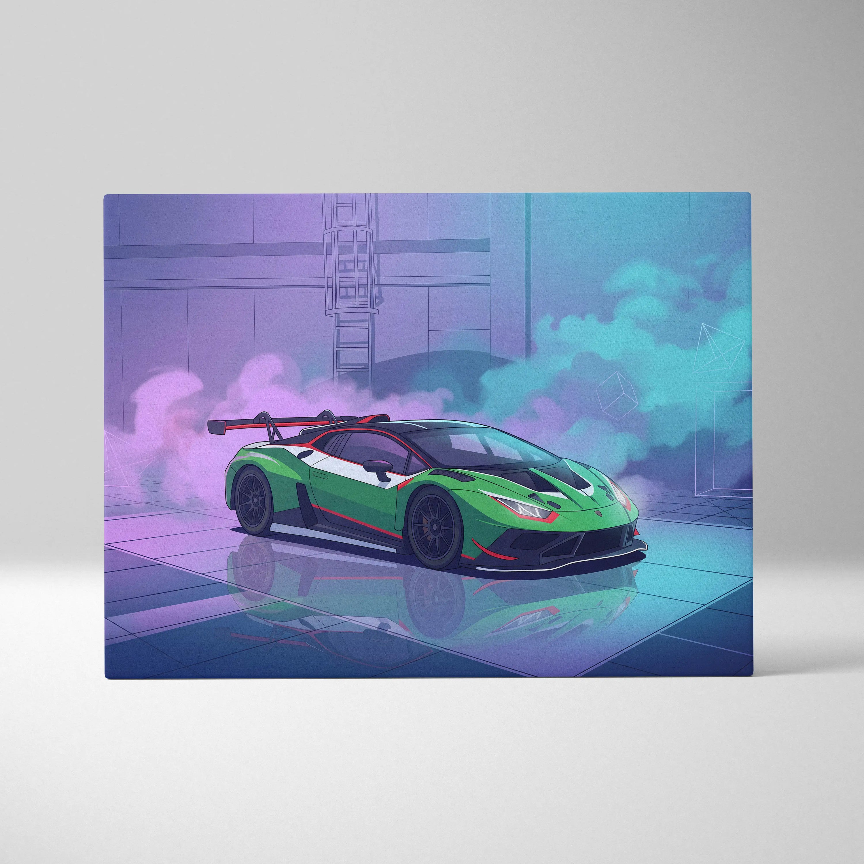 Lamborghini Huracan GT3 Inspired Green Purple Canvas Wall Art, Neon Vaporwave Supercar Artwork for Modern Garage Decor