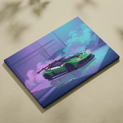 Lamborghini Huracan GT3 Inspired Green Purple Canvas Wall Art, Neon Vaporwave Supercar Artwork for Modern Garage Decor