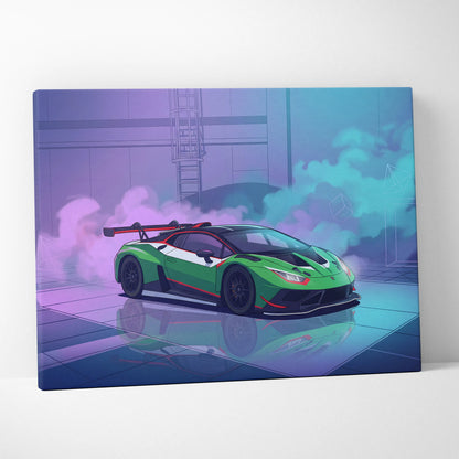 Lamborghini Huracan GT3 Inspired Green Purple Canvas Wall Art, Neon Vaporwave Supercar Artwork for Modern Garage Decor