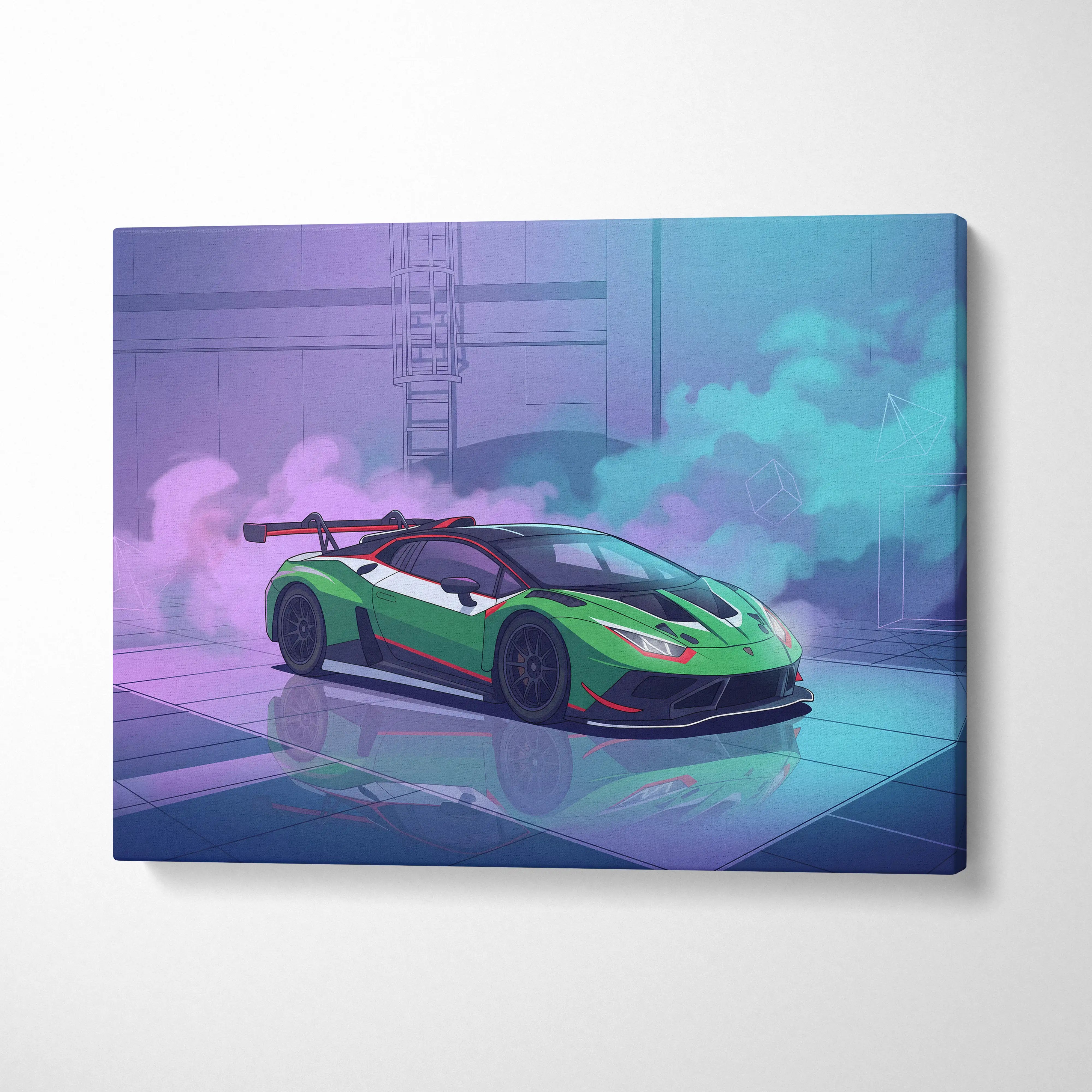 Lamborghini Huracan GT3 Inspired Green Purple Canvas Wall Art, Neon Vaporwave Supercar Artwork for Modern Garage Decor