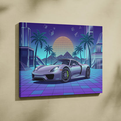 Porsche 918 Spyder Inspired Silver Blue Canvas Wall Art Vaporwave Neon Palm Hypercar Artwork, Retro Futuristic Garage Decor