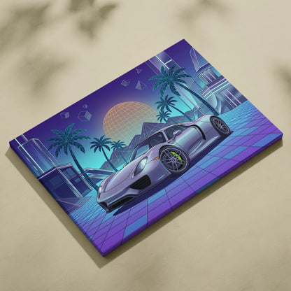 Porsche 918 Spyder Inspired Silver Blue Canvas Wall Art Vaporwave Neon Palm Hypercar Artwork, Retro Futuristic Garage Decor