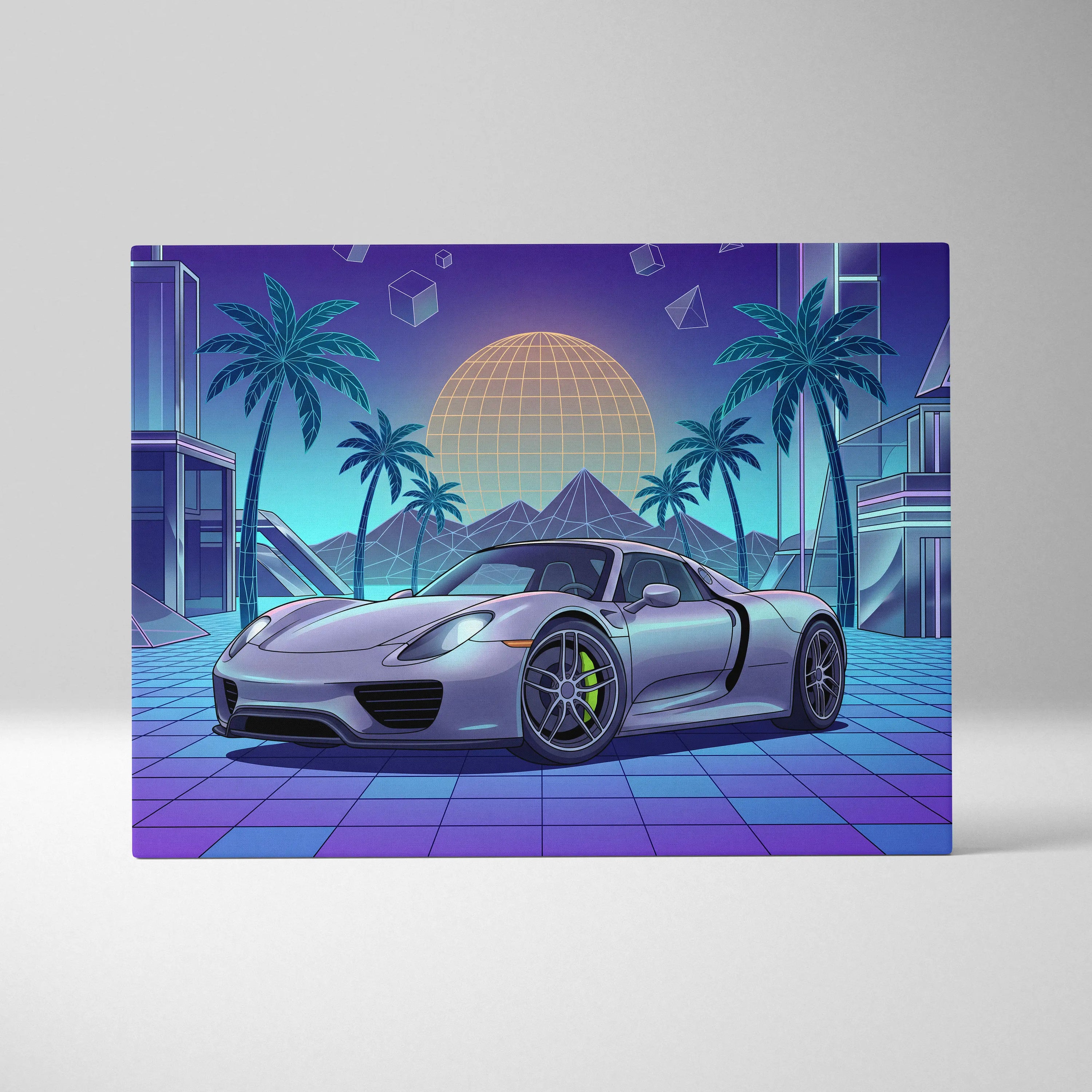 Porsche 918 Spyder Inspired Silver Blue Canvas Wall Art Vaporwave Neon Palm Hypercar Artwork, Retro Futuristic Garage Decor