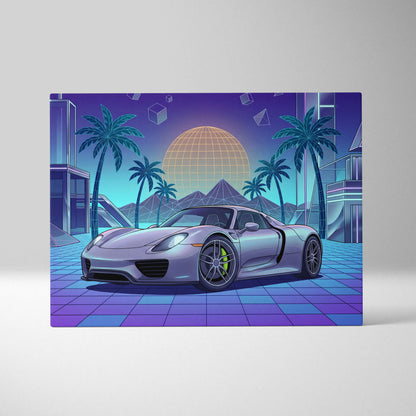 Porsche 918 Spyder Inspired Silver Blue Canvas Wall Art Vaporwave Neon Palm Hypercar Artwork, Retro Futuristic Garage Decor
