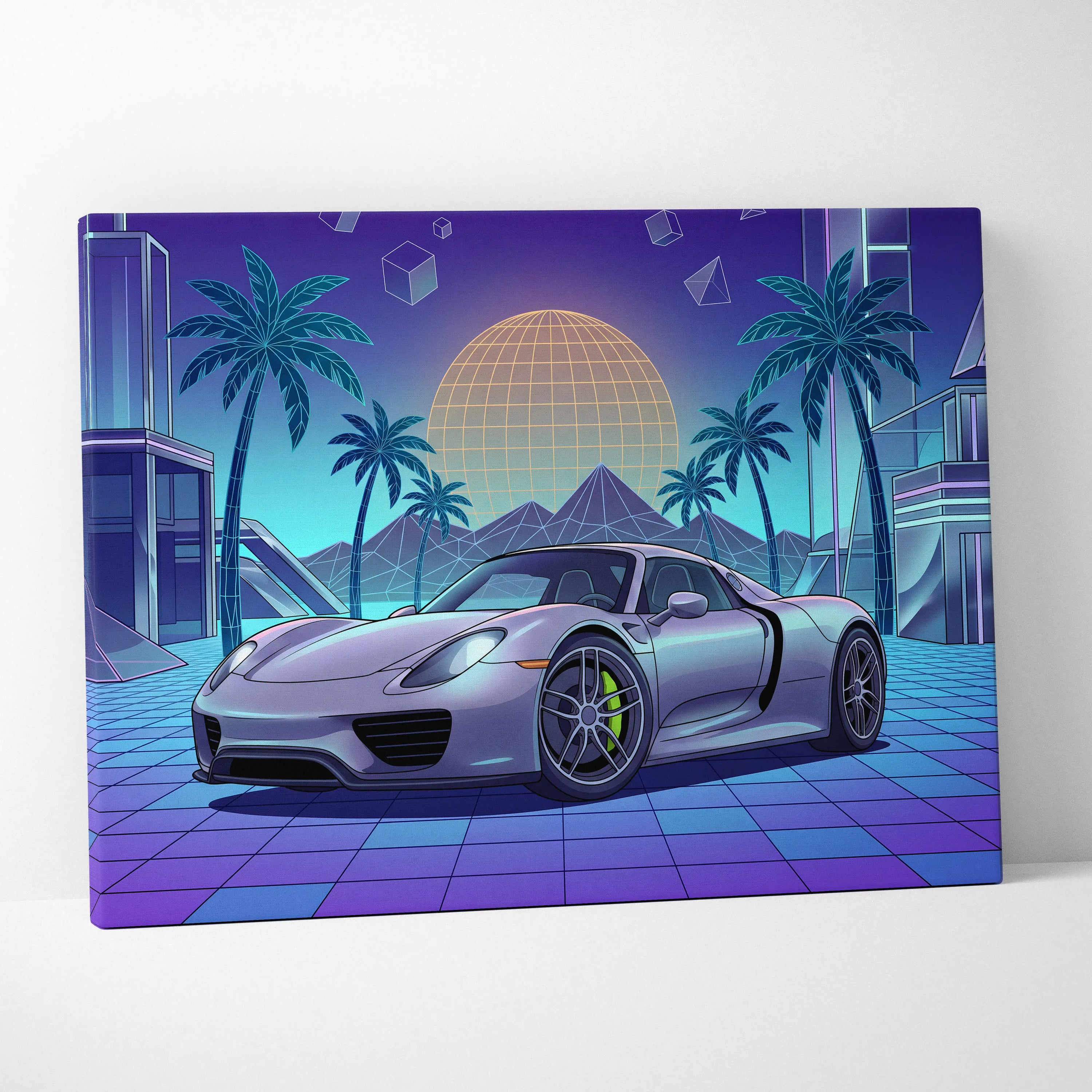 Porsche 918 Spyder Inspired Silver Blue Canvas Wall Art Vaporwave Neon Palm Hypercar Artwork, Retro Futuristic Garage Decor